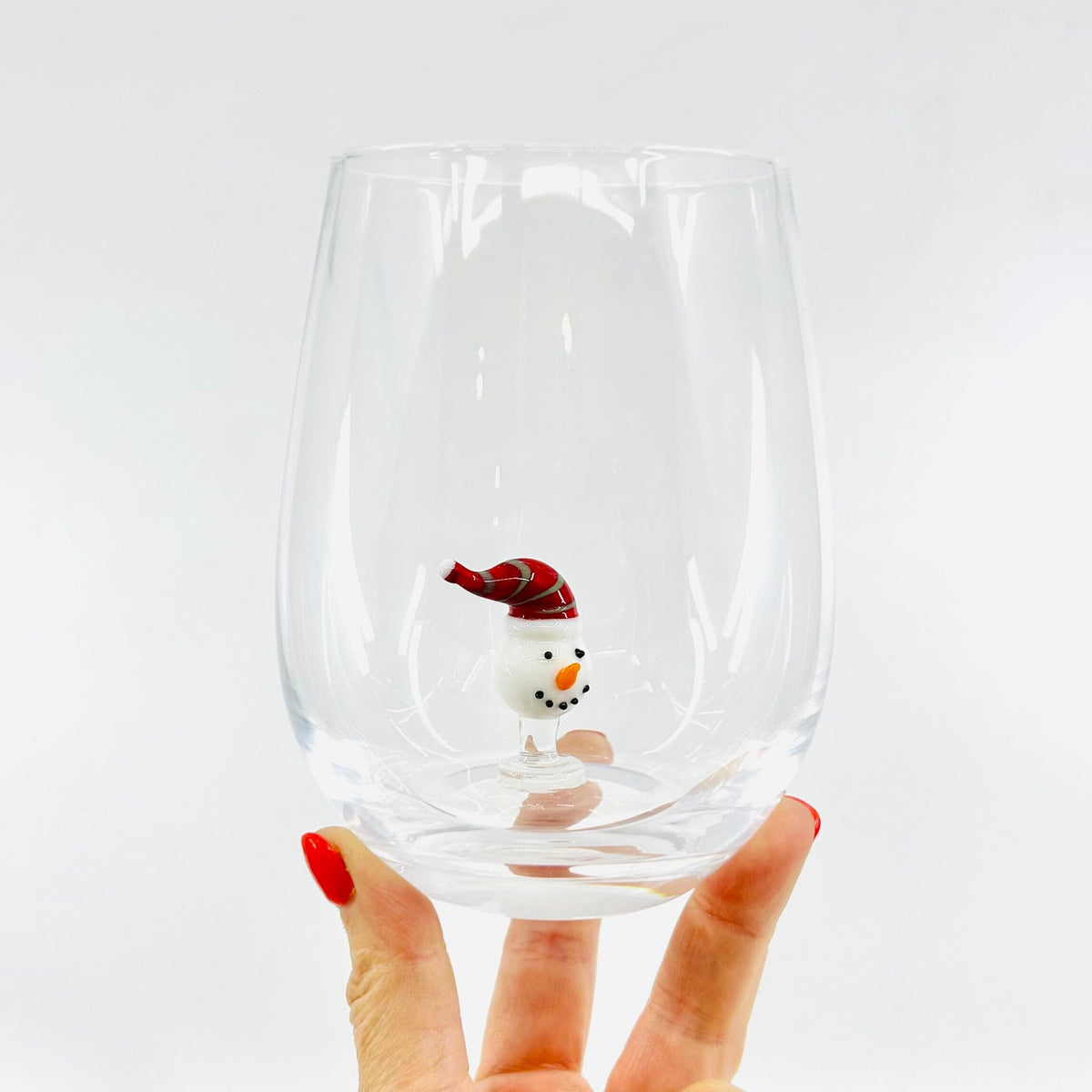 Holiday Icon Stemless Wine Glass, Red Hat Snowman Creative Co-Op 