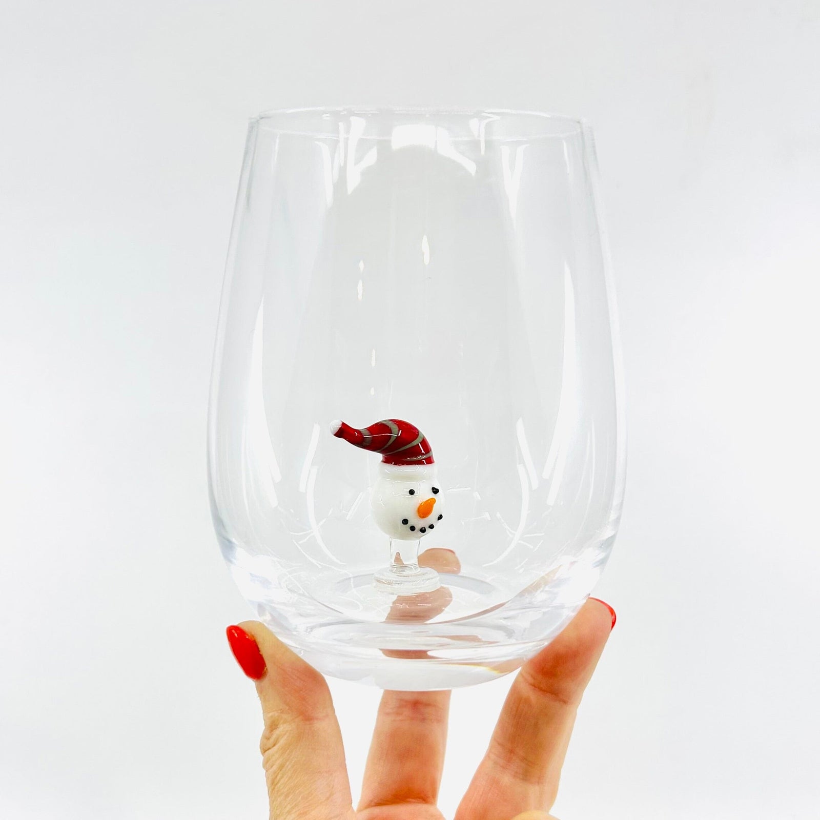 Holiday Icon Stemless Wine Glass, Red Hat Snowman Creative Co-Op 