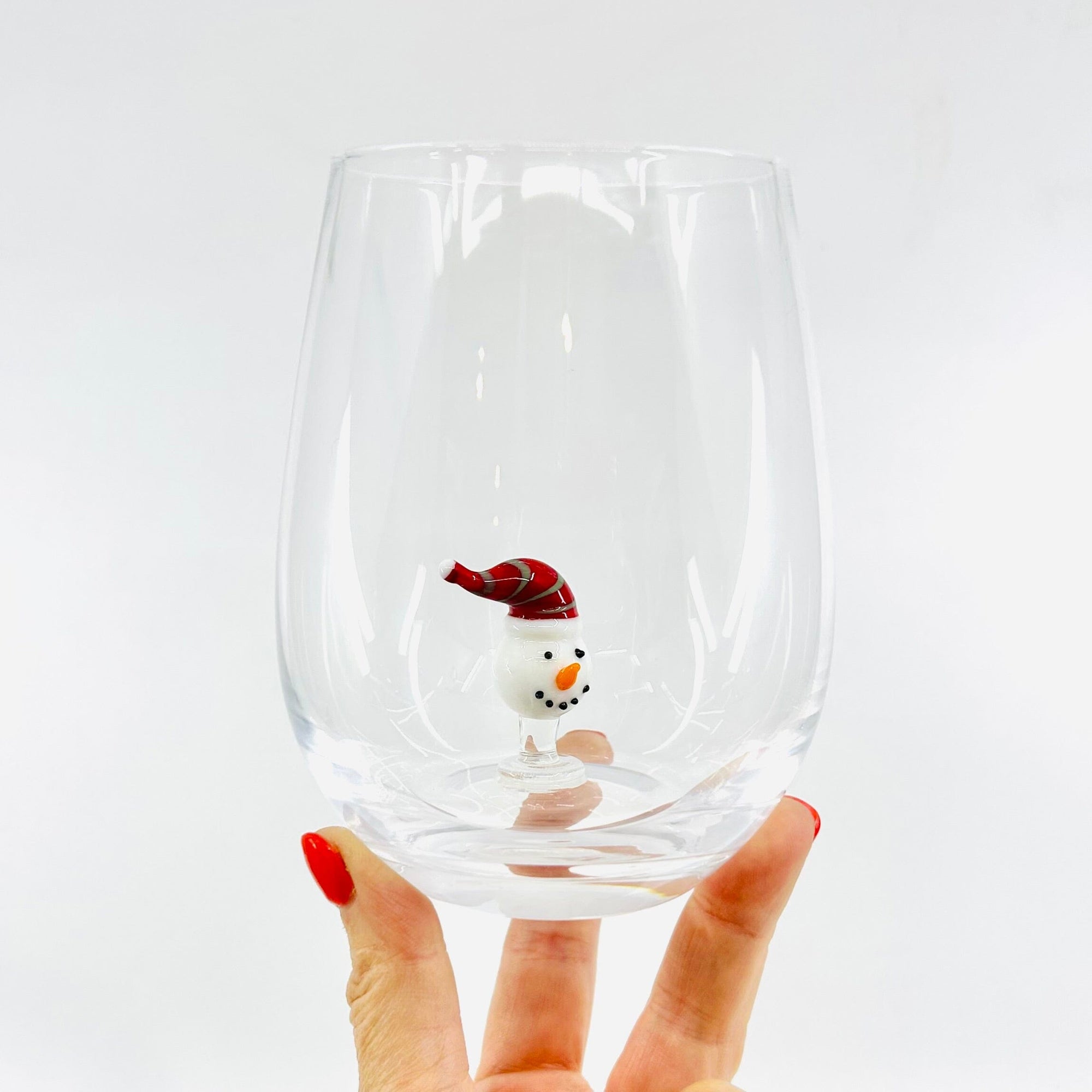 Holiday Icon Stemless Wine Glass, Red Hat Snowman Creative Co-Op 
