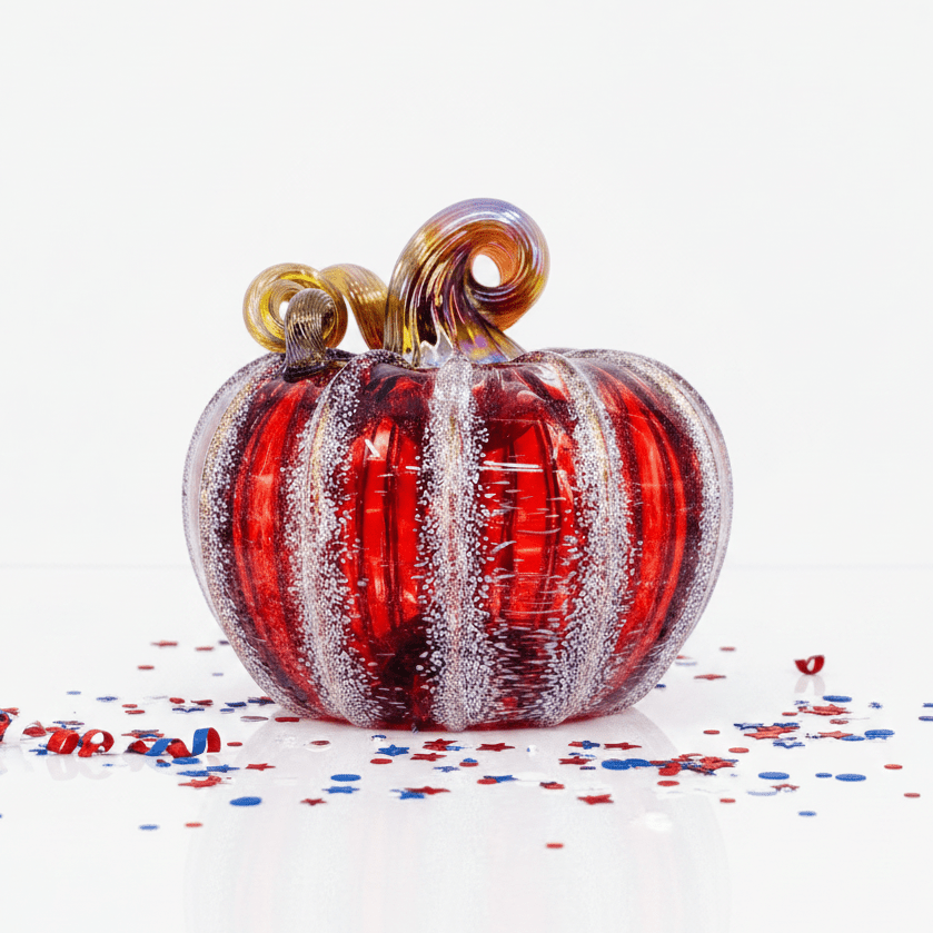 White Frosted Cranberry Pumpkin with Gold Stem Inspo Luke Adams Glass Blowing Studio 