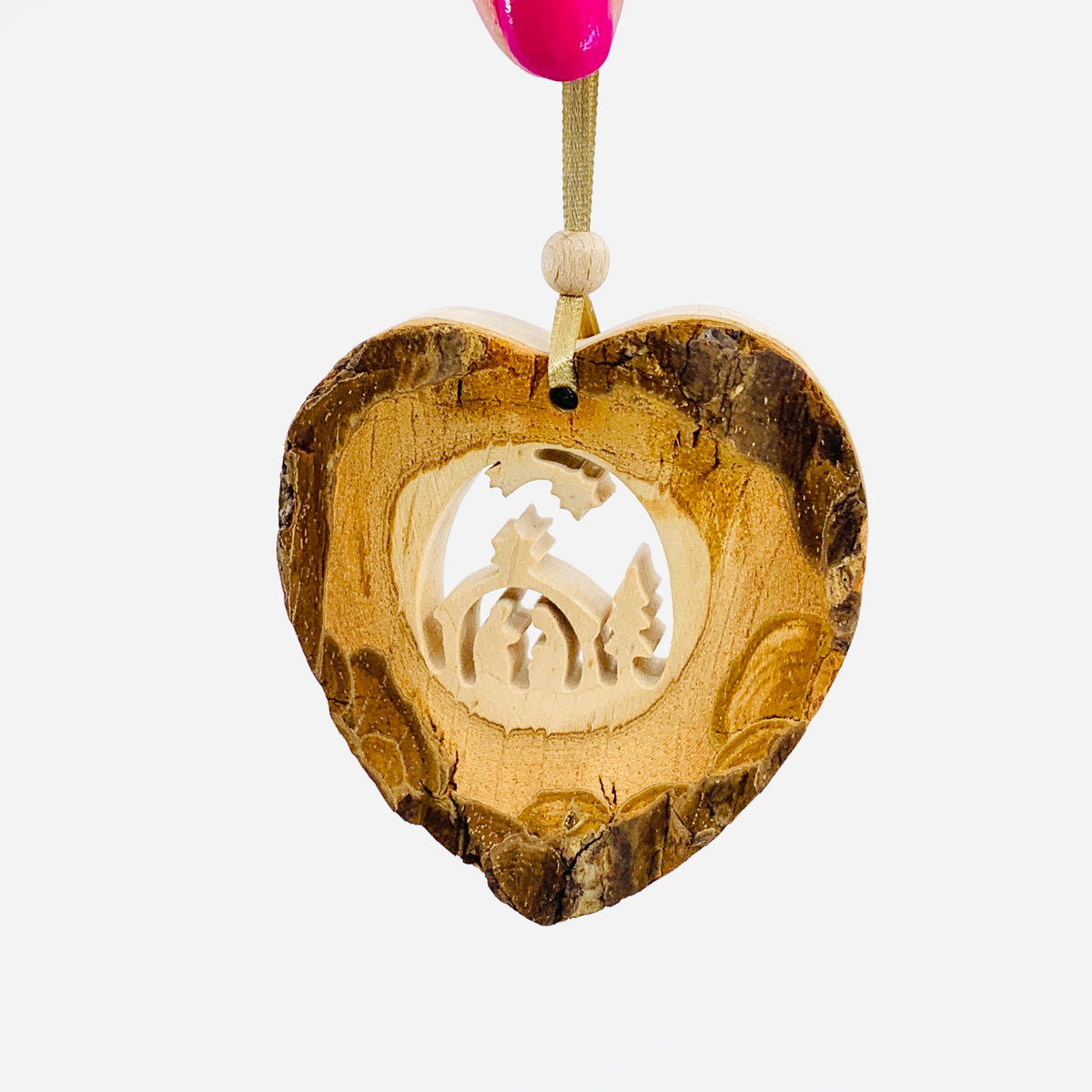 Hand Carved Heart Ornament with Nativity Scene 6
