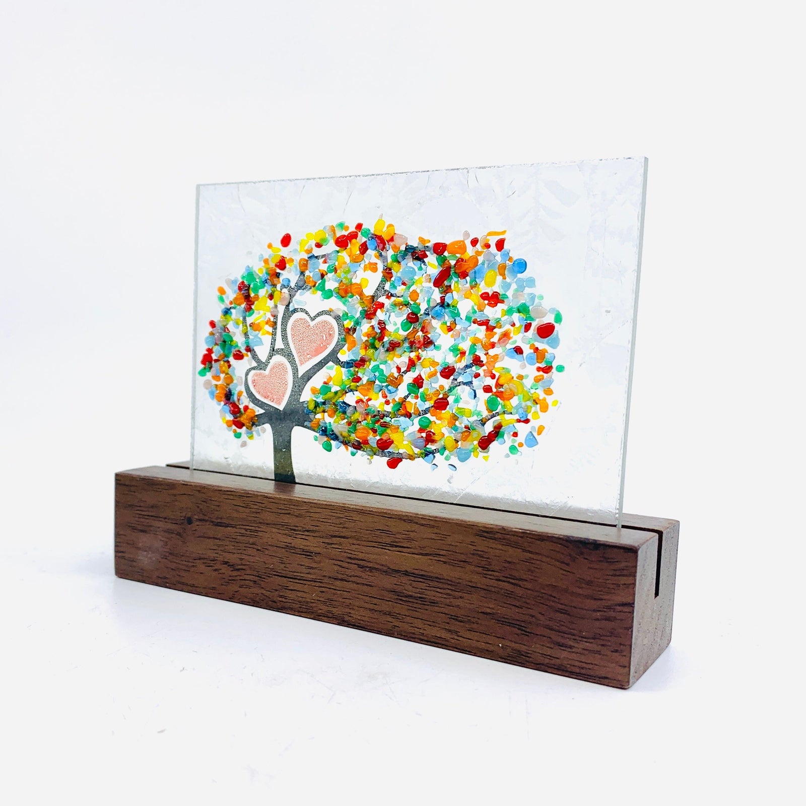 Fused Glass Love Hearts Card with Stand, Multi Decor Glimmer Glass Gifts 