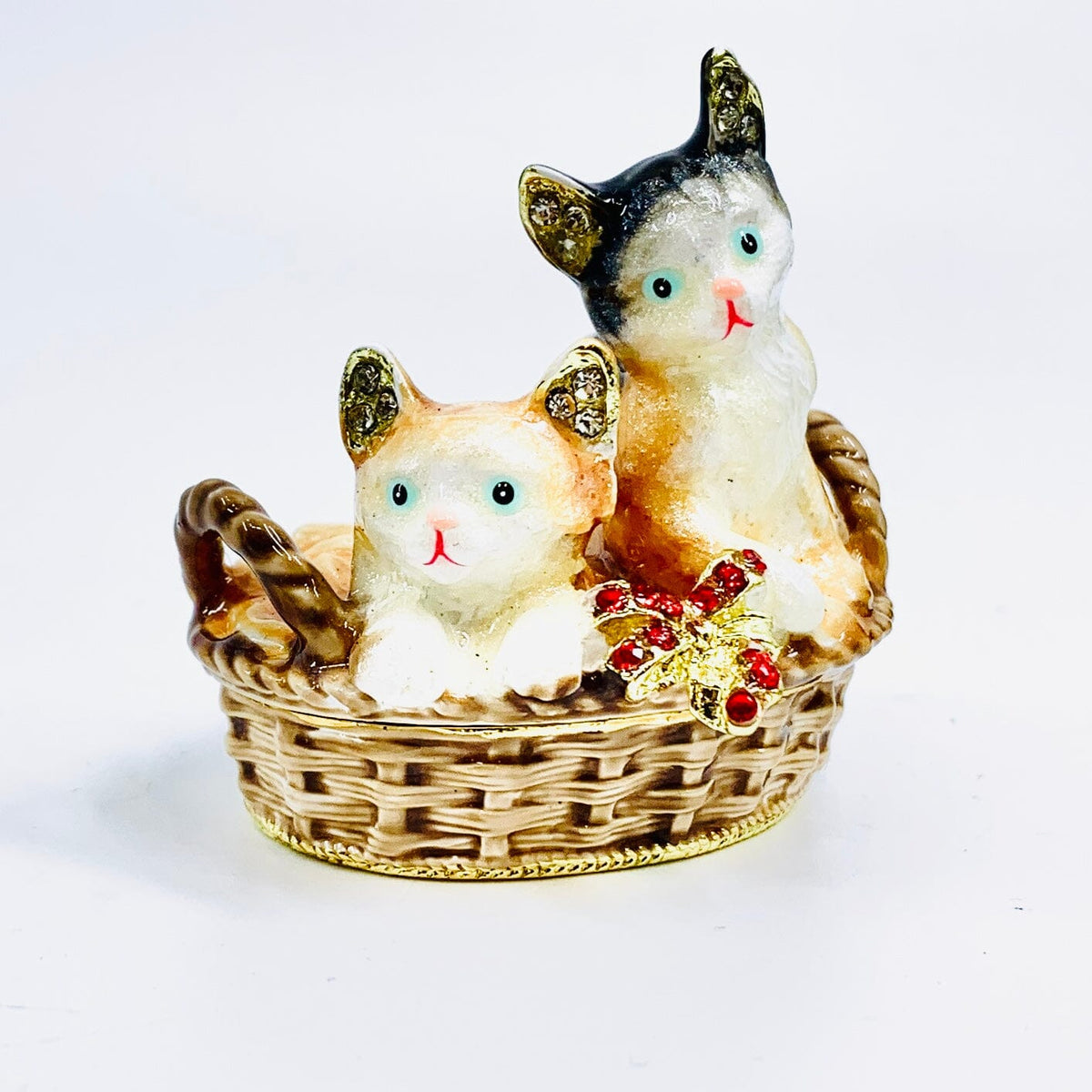 Bejeweled Enamel Trinket Box 34, Kittens in Basket Decor Kubla Craft 