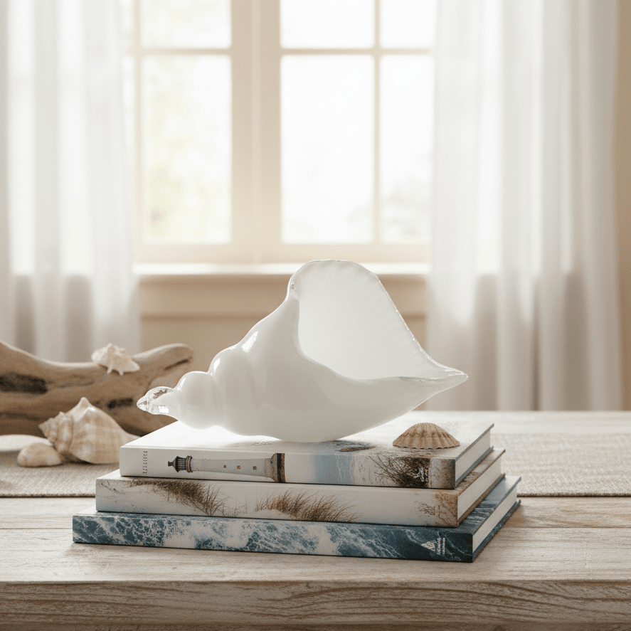 White and Clear Glass Conch Shell Decor Beachcombers 