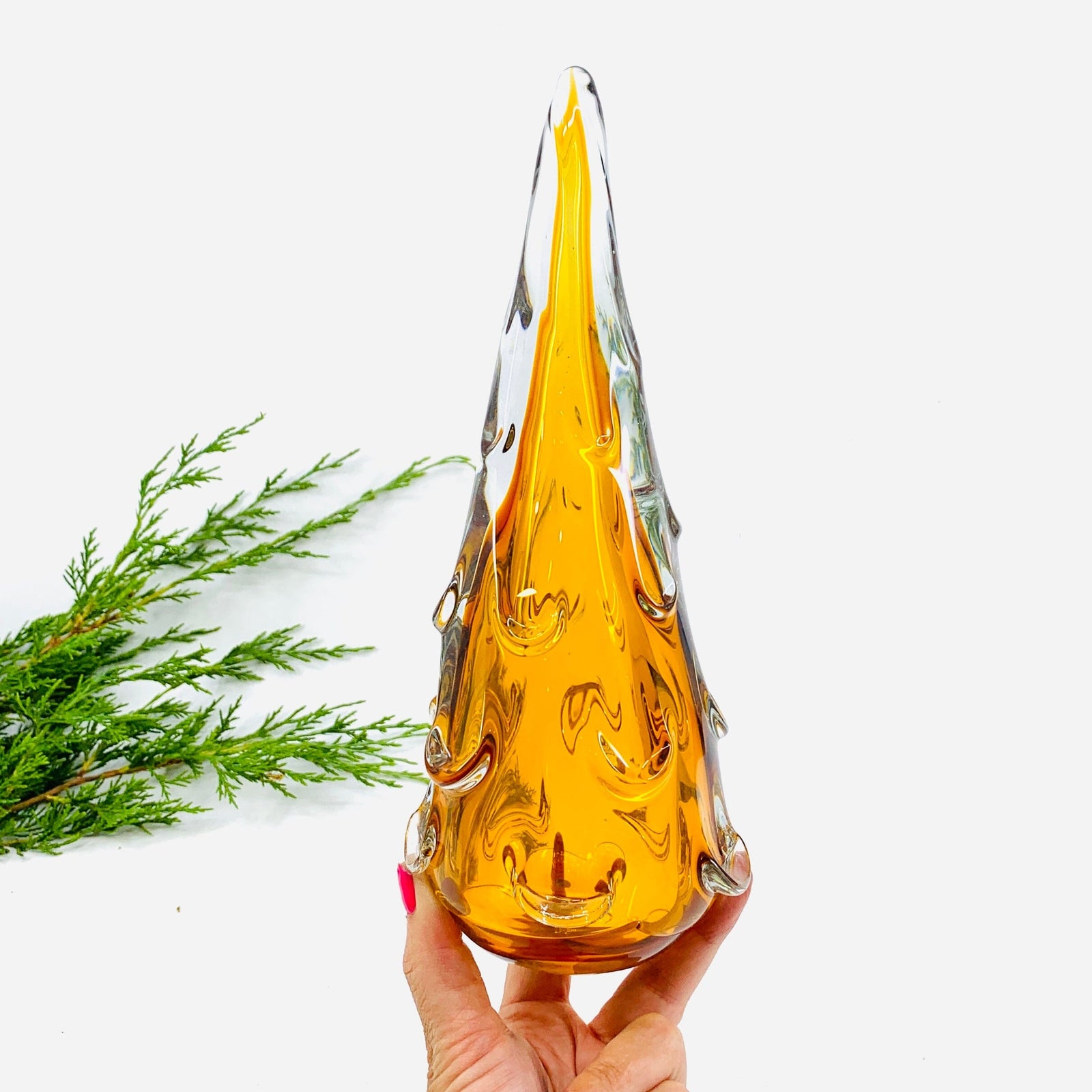 Small Snow Drift Blown Glass Tree, Amber Diamond Star 
