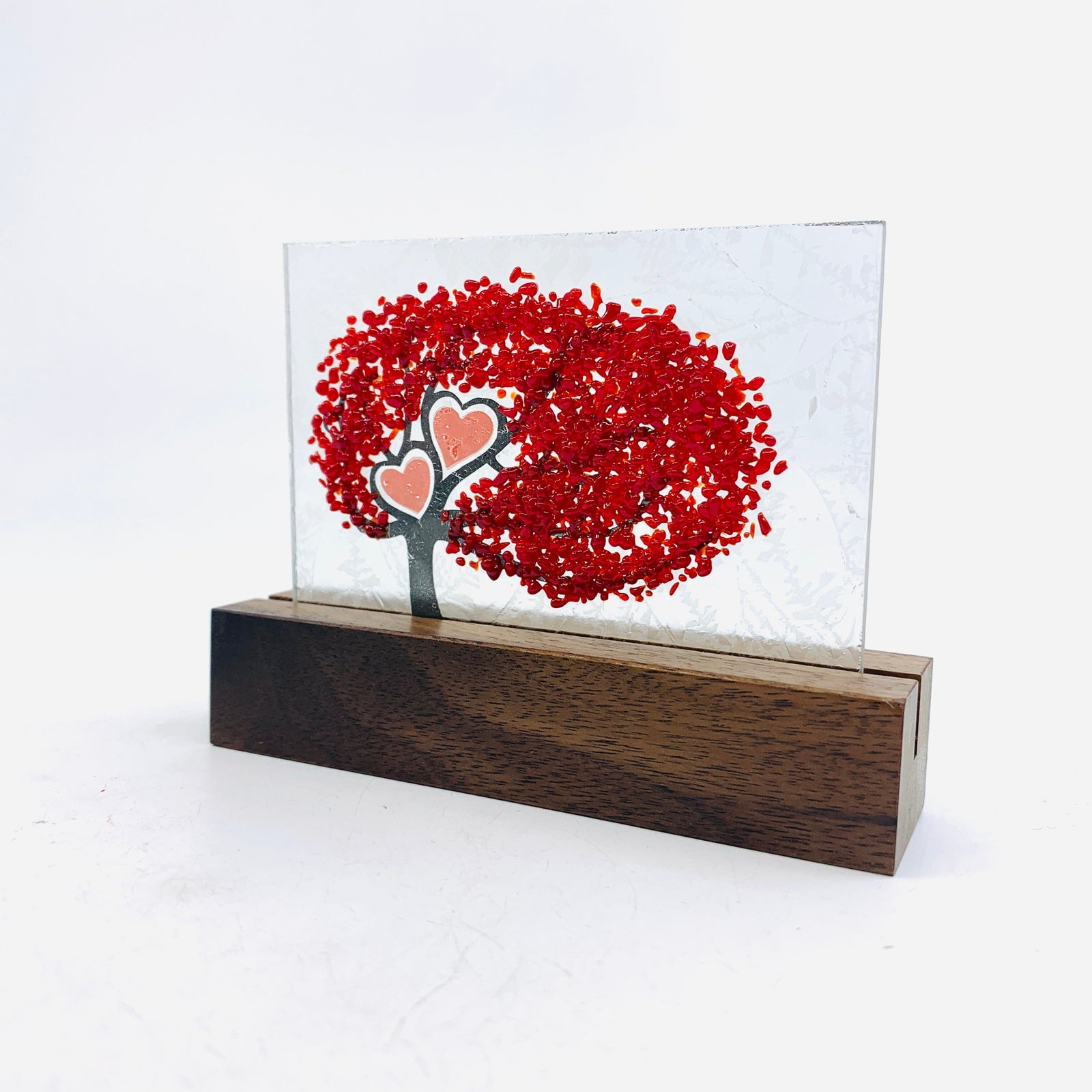 Fused Glass Love Hearts Card with Stand, Red Decor Glimmer Glass Gifts 