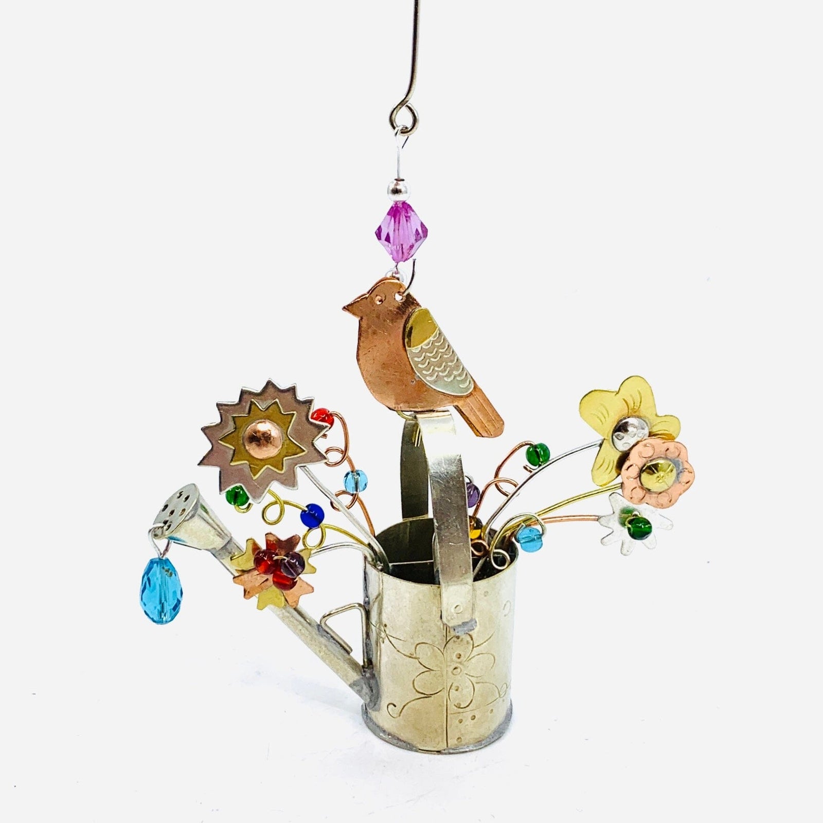 Mixed Metal Ornament, Bird Watering Can Miniature Pilgrim Imports 