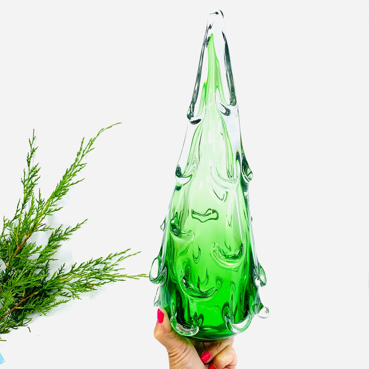 Large Snow Drift Blown Glass Tree, Green Diamond Star 