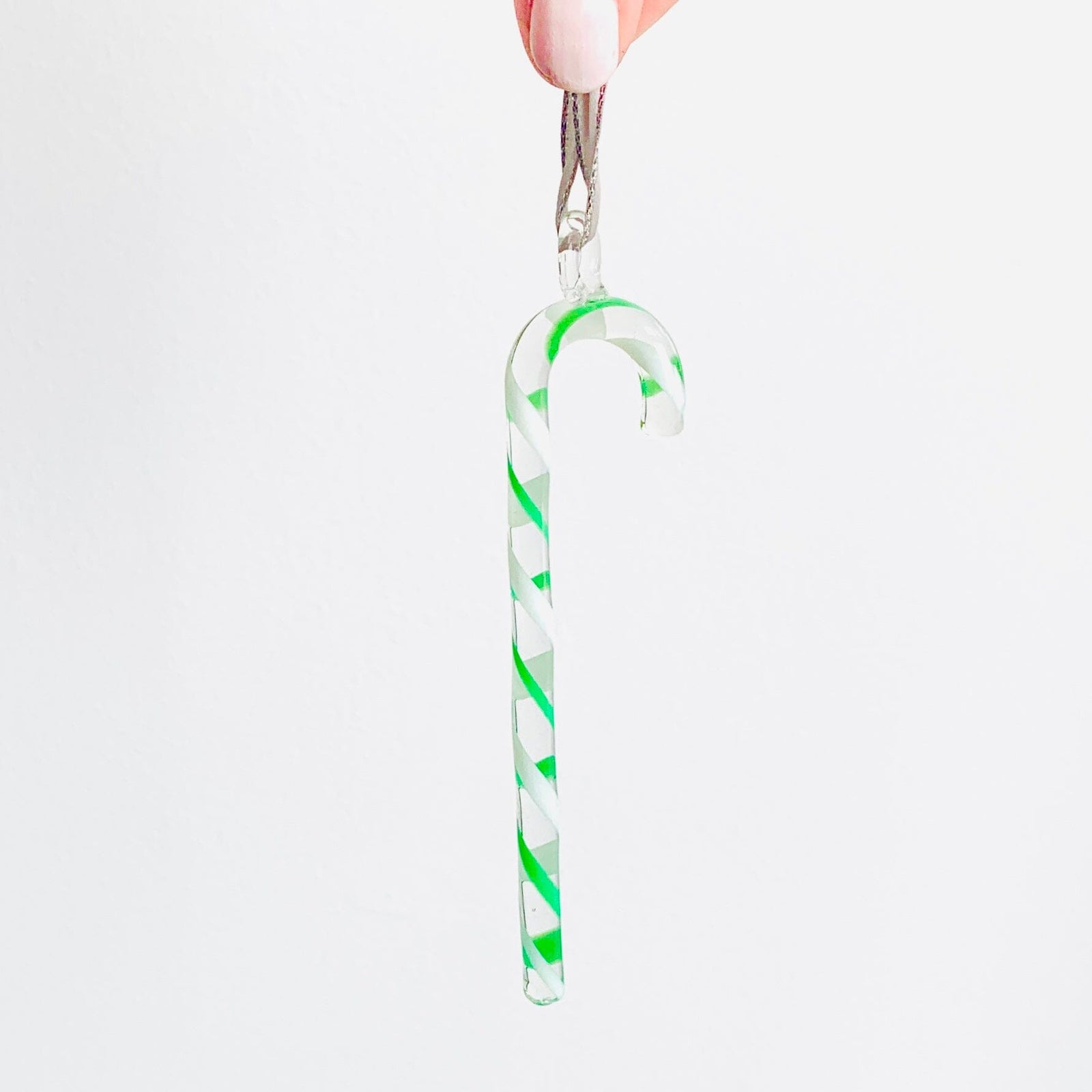 Glass Candy Cane Ornament 239, Green White and Clear Holiday - 