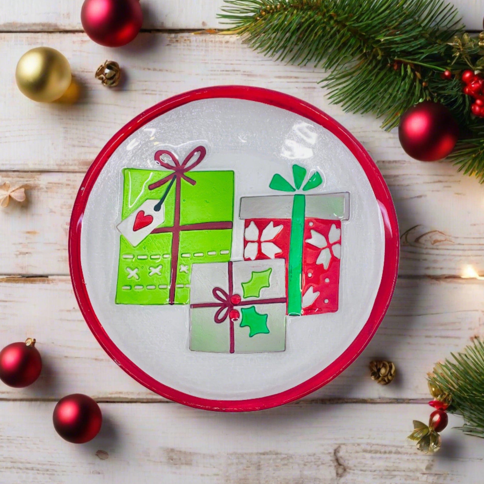 Glass Fusion Plate, Christmas Presents 44 Decor Demdaco 