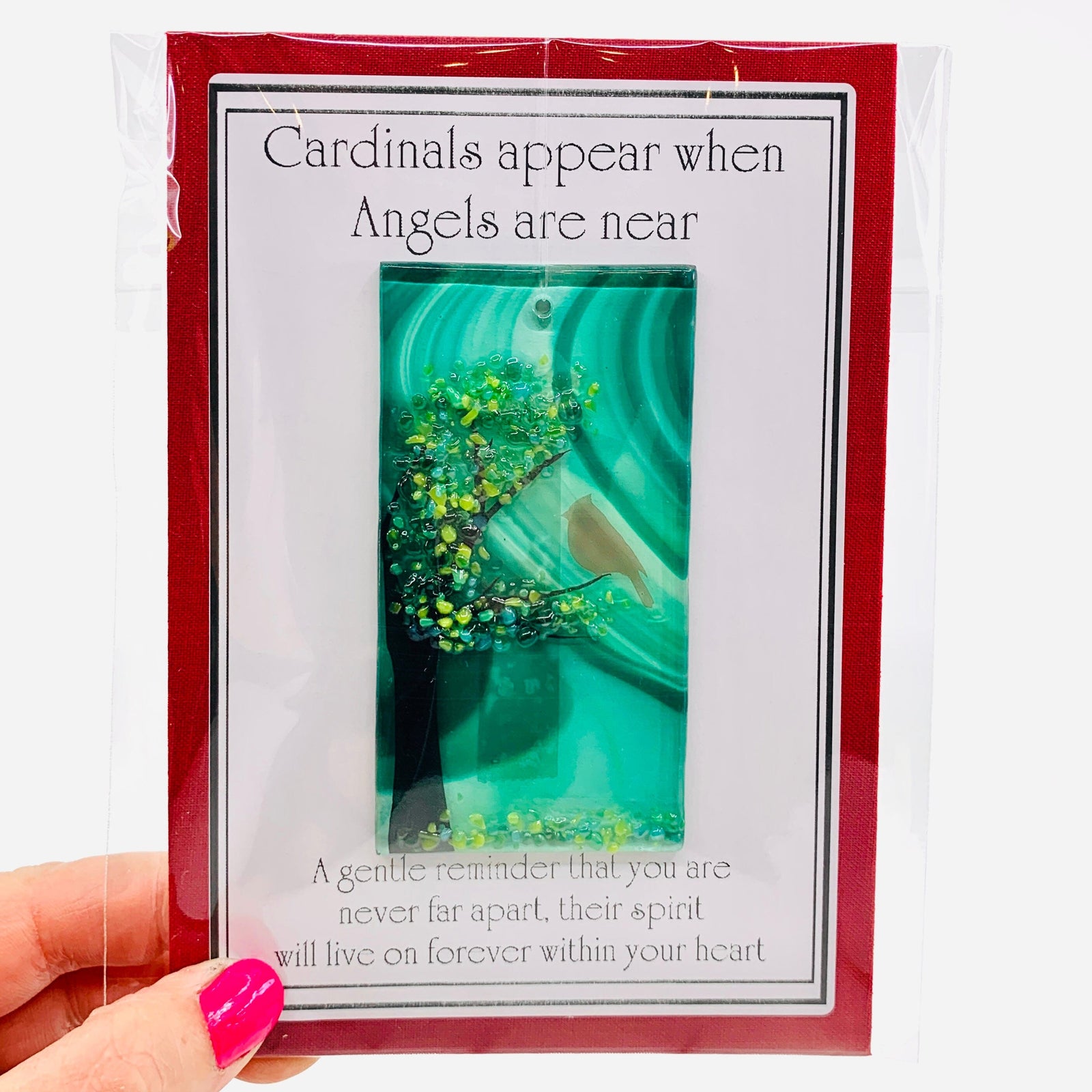 Fused Glass "Cardinals appear when Angels are near" Suncatcher 22 Decor Glimmer Glass Gifts 