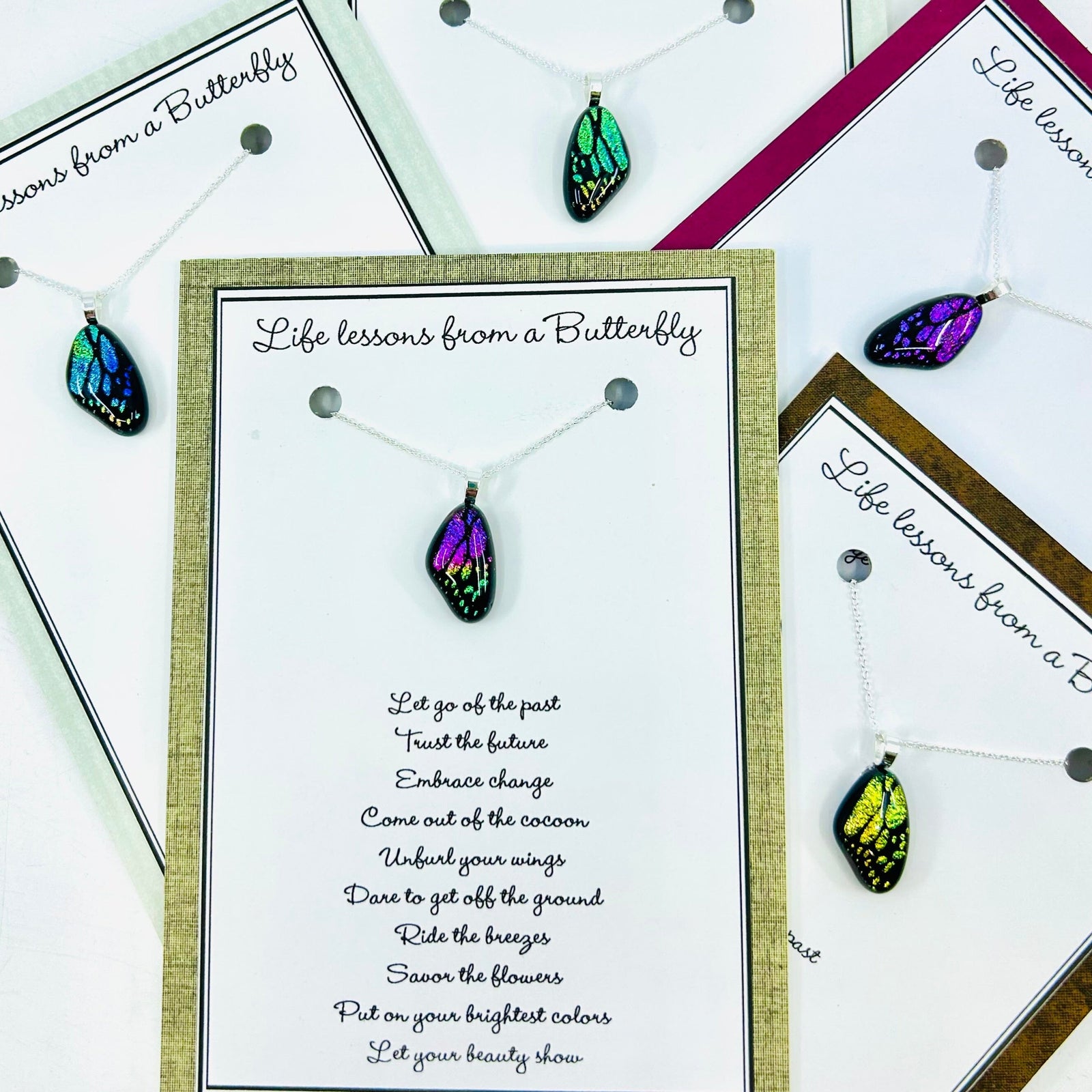 Iridescent Butterfly Wing Pendant Necklace Jewelry Glimmer Glass Gifts 