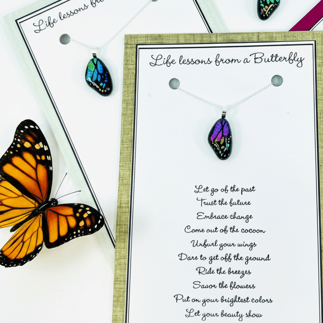 Iridescent Butterfly Wing Pendant Necklace Jewelry Glimmer Glass Gifts 