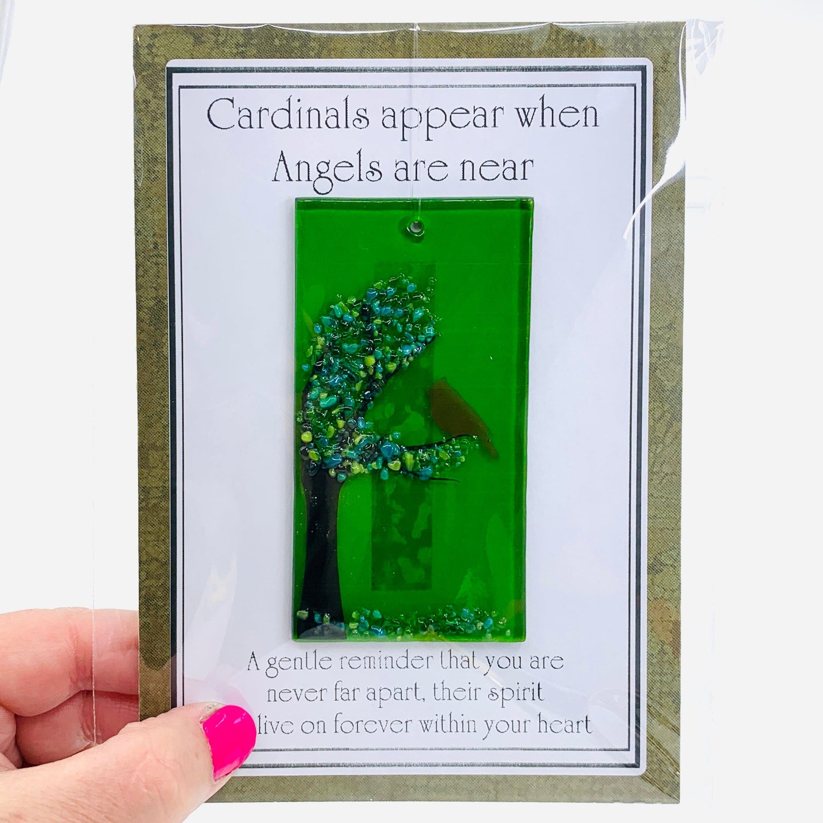 Fused Glass "Cardinals appear when Angels are near" Suncatcher 33 Decor Glimmer Glass Gifts 