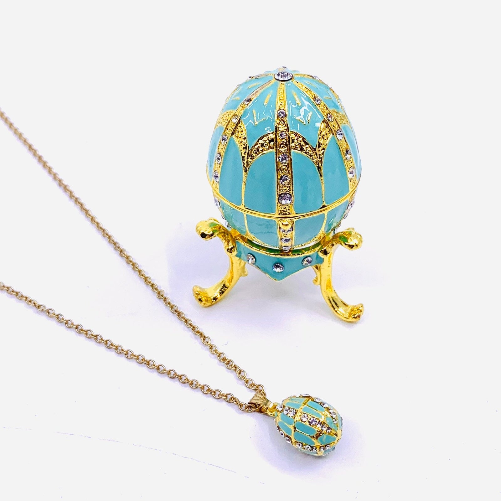 Bejeweled Enamel Trinket Box and Pendant 25, Turquoise Faberge Style Egg Decor Kubla Craft 