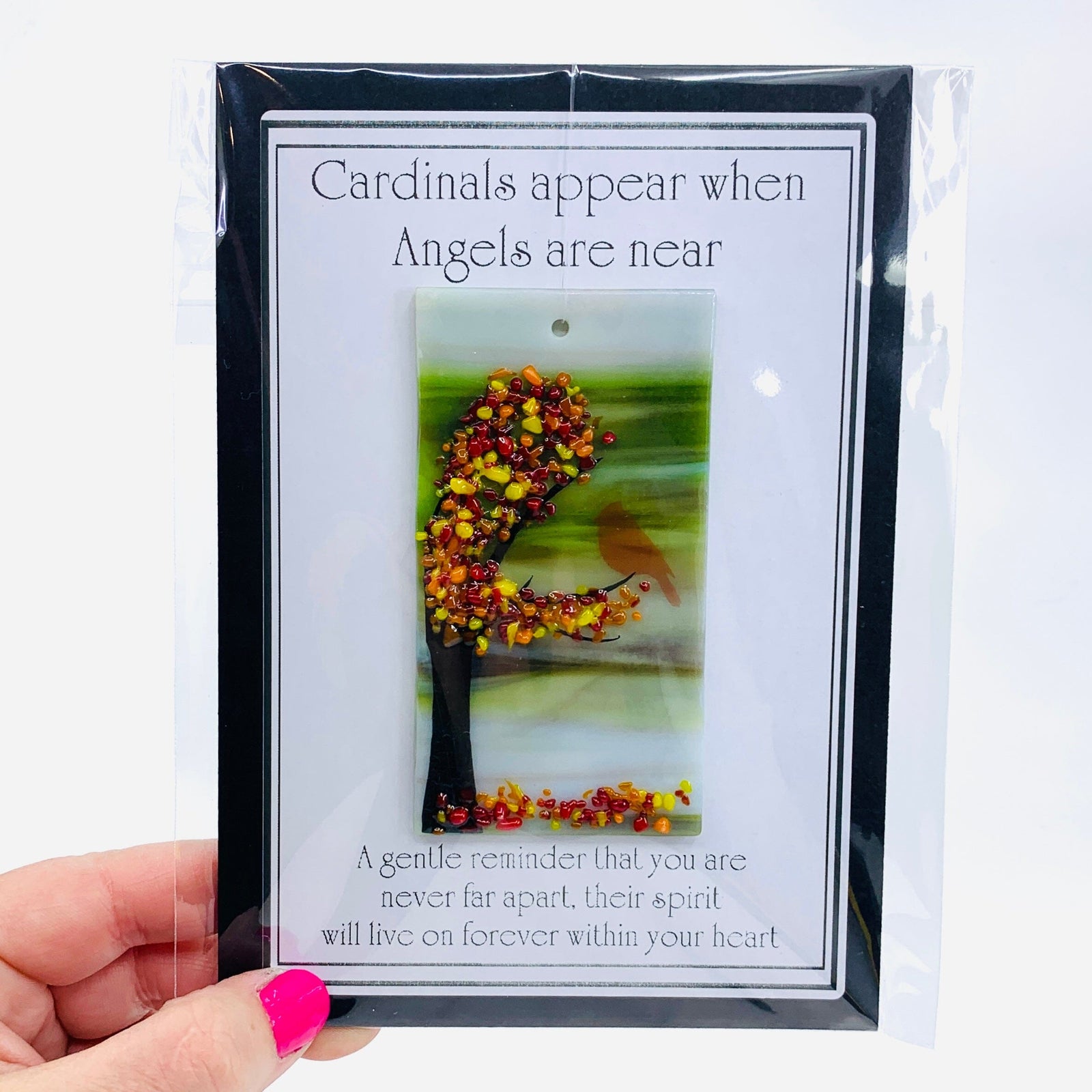 Fused Glass "Cardinals appear when Angels are near" Suncatcher 44 Decor Glimmer Glass Gifts 