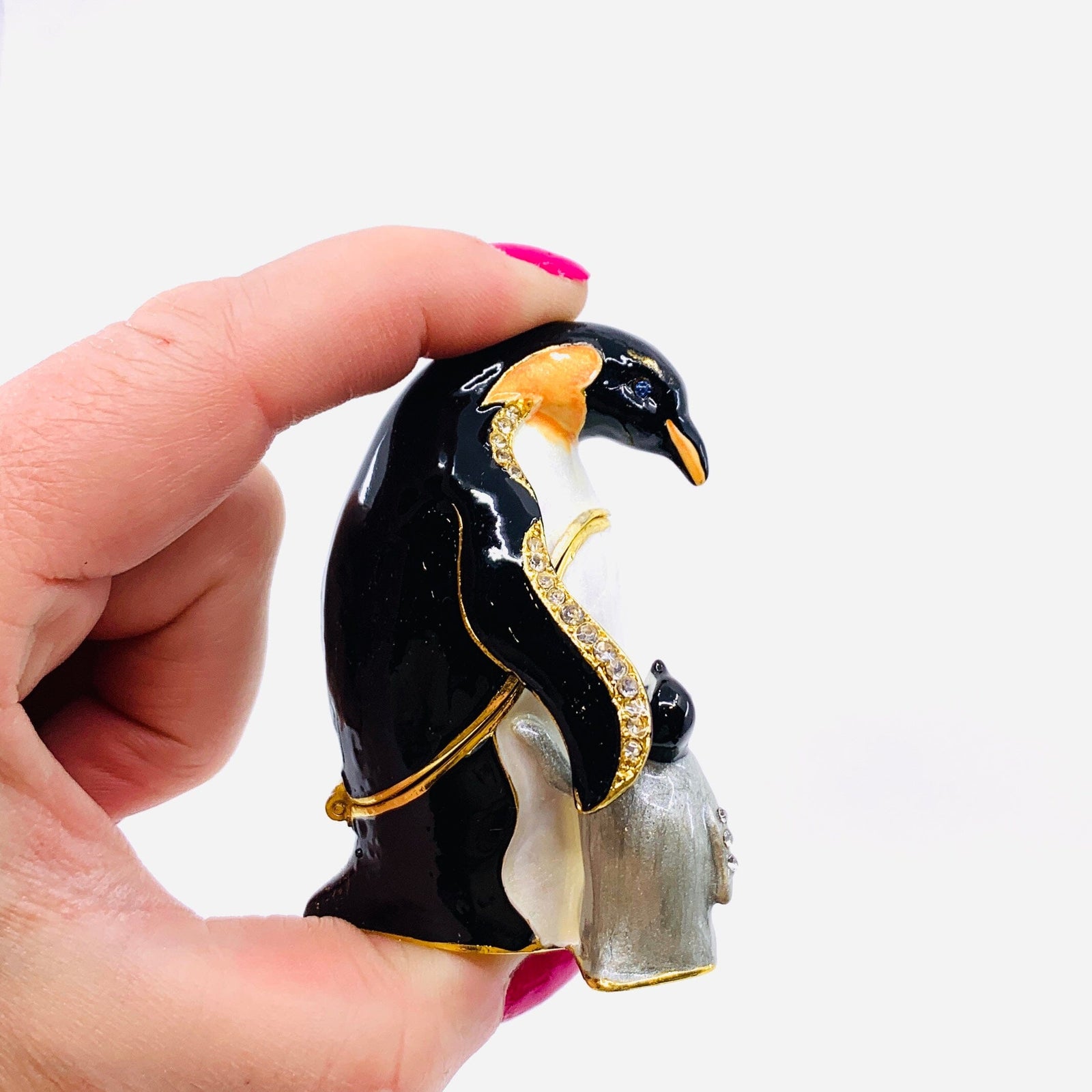 Bejeweled Enamel Trinket Box 18, Penguin and Baby Decor Kubla Craft 