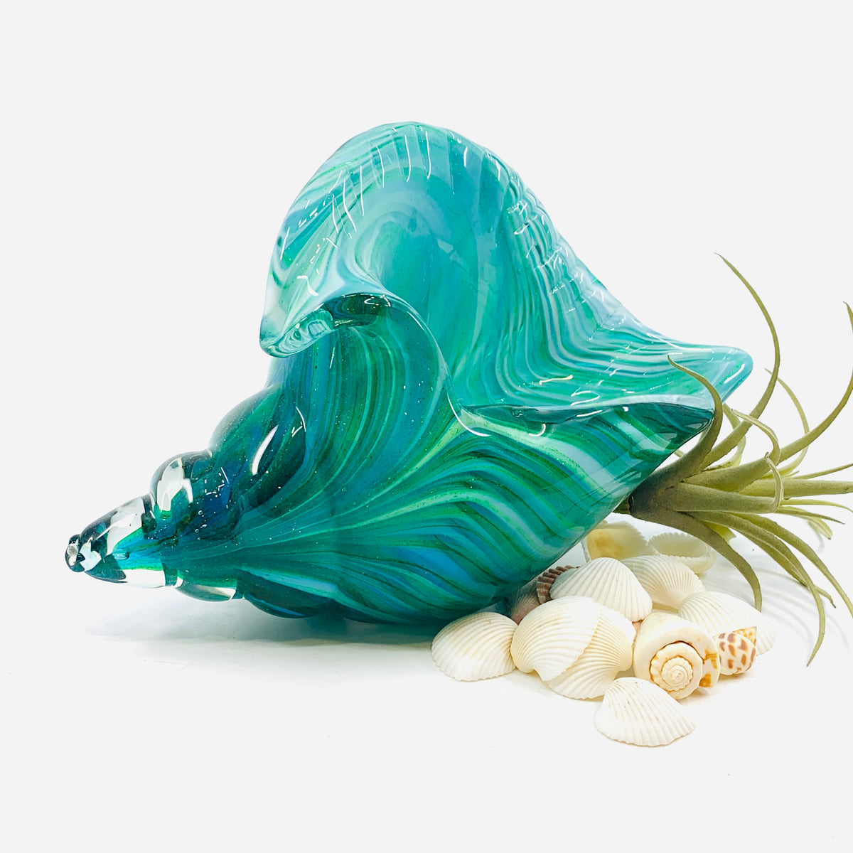 Teal Stripe Glass Conch Shell