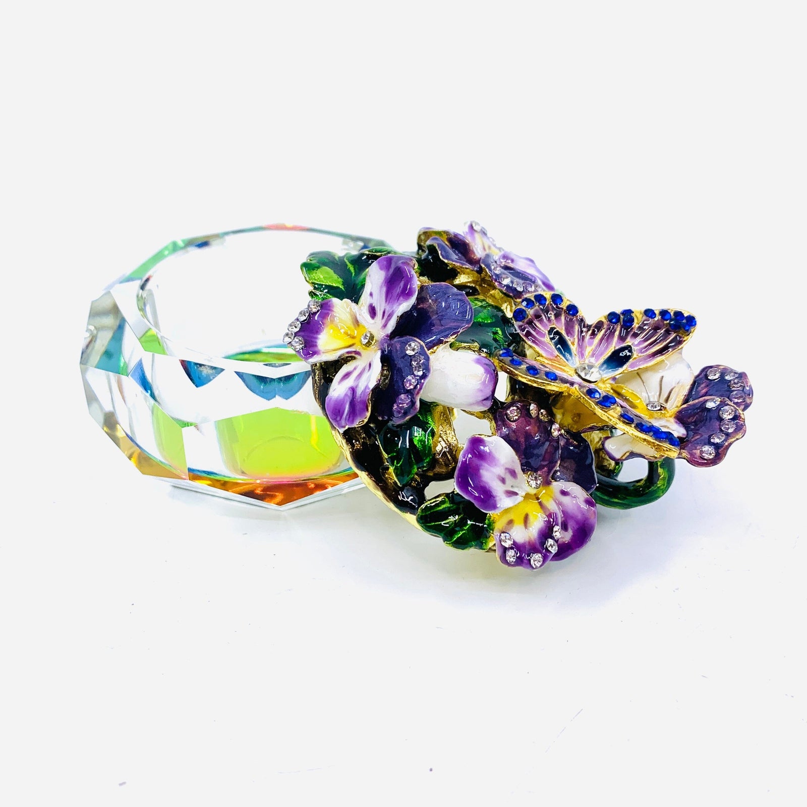 Crystal and Bejeweled Enamel Jewelry Box 34 - Butterfly with Flowers Decor Kubla Craft 