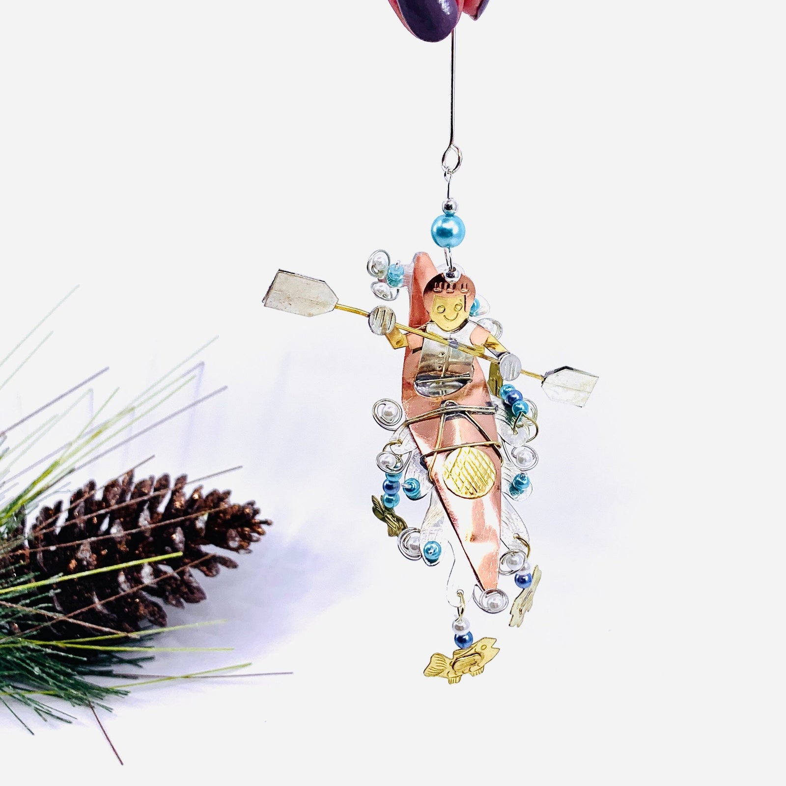 Mixed Metal Ornament, Kayaker 17 Miniature Pilgrim Imports 