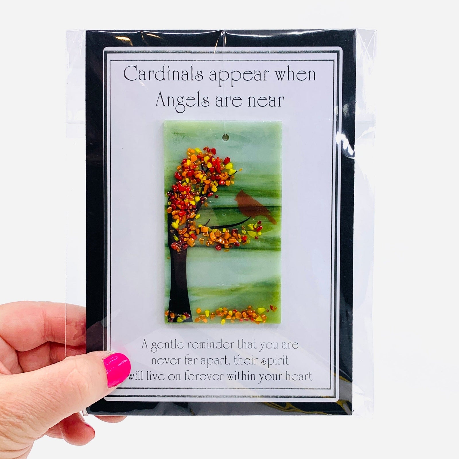 Fused Glass "Cardinals appear when Angels are near" Suncatcher 42 Decor Glimmer Glass Gifts 
