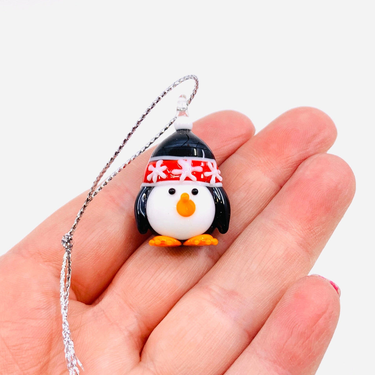 Tiny Glass Penguin Ornament, Black Hat - 