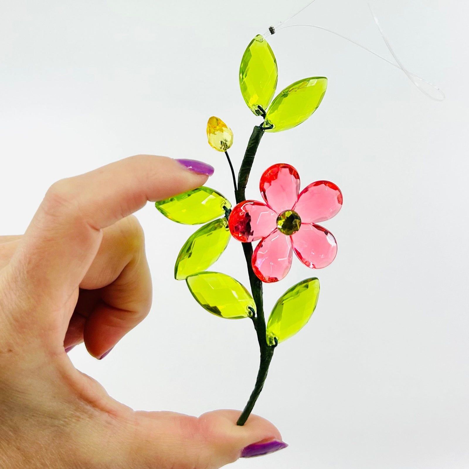 Acrylic Crystal Buds and Leaves Suncatcher, Pink Ornament GANZ 
