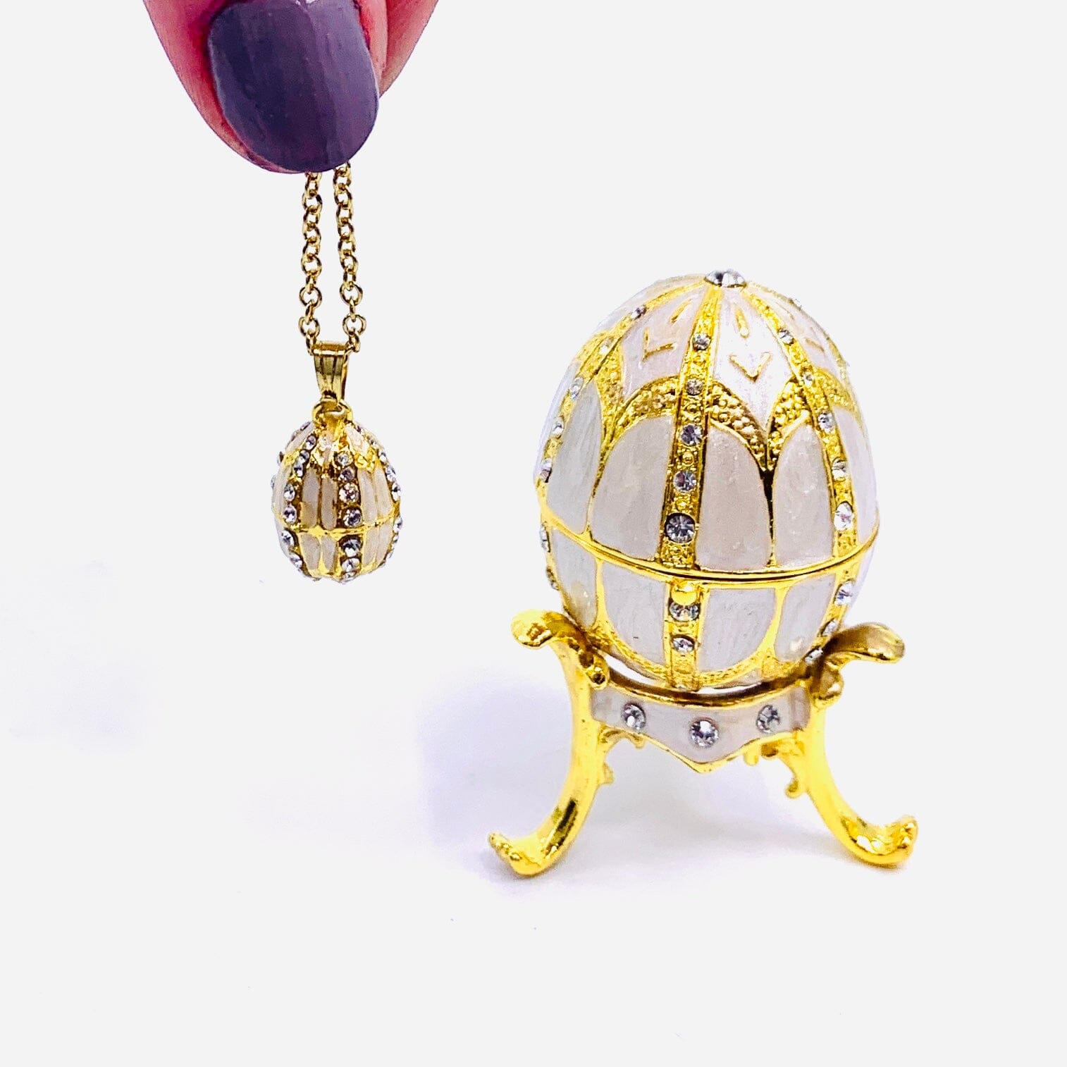 Bejeweled Enamel Trinket Box and Pendant 26, White Faberge Style Egg Decor Kubla Craft 