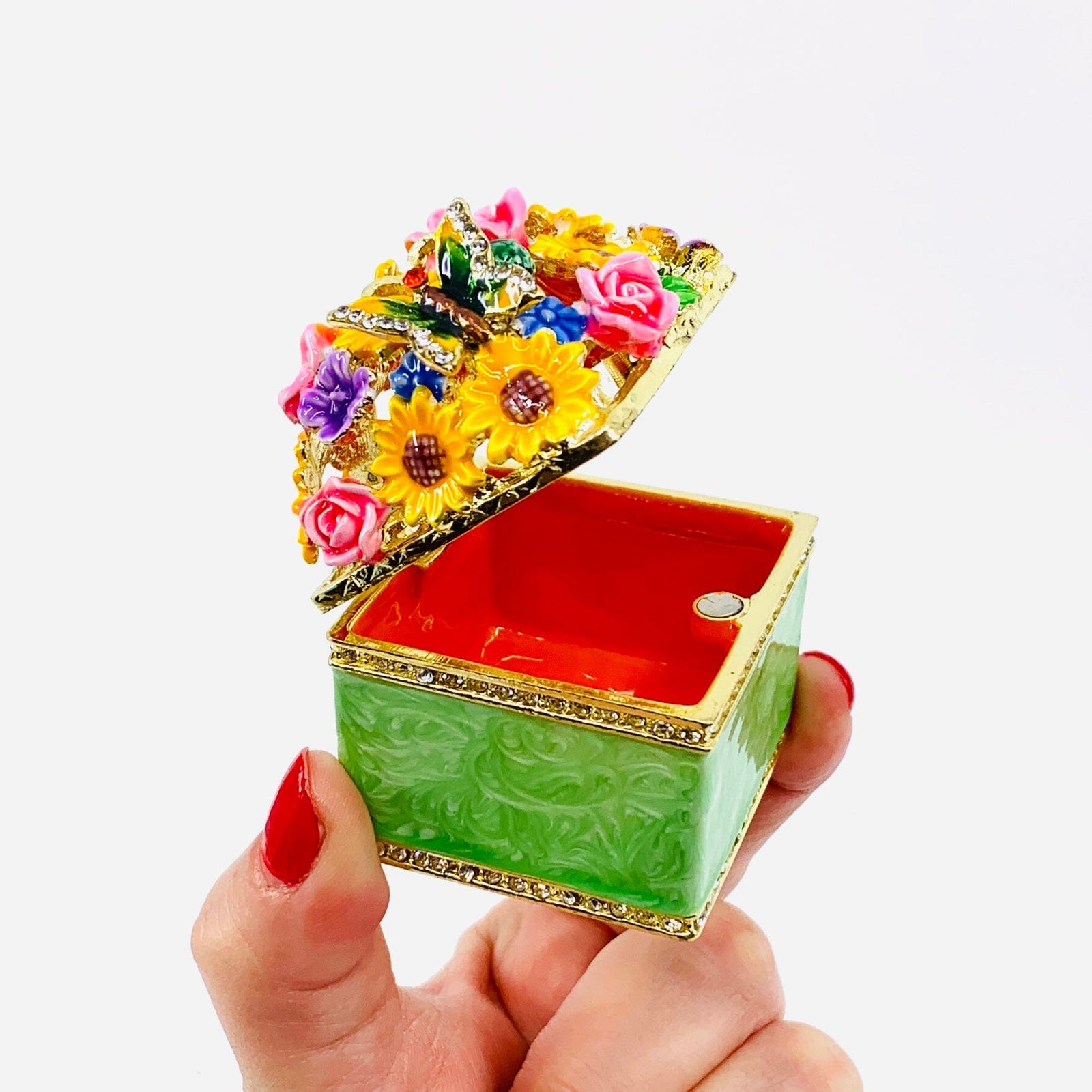 Bejeweled Enamel Trinket Box 16, Butterfly and Flowers Decor Kubla Craft 