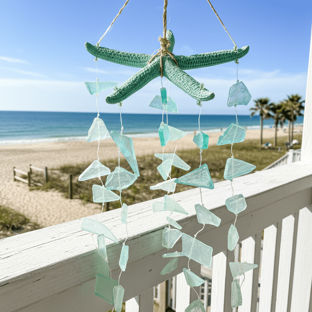 Teal Sea Glass and Starfish Wind Chime Chesapeake Bay 