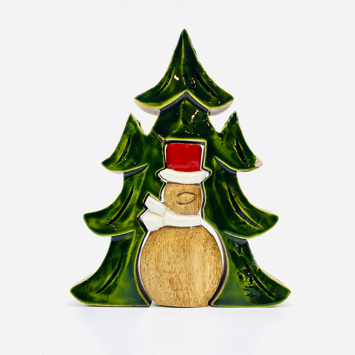 Green Enamel Wooden Tree and Snowman Holiday Décor