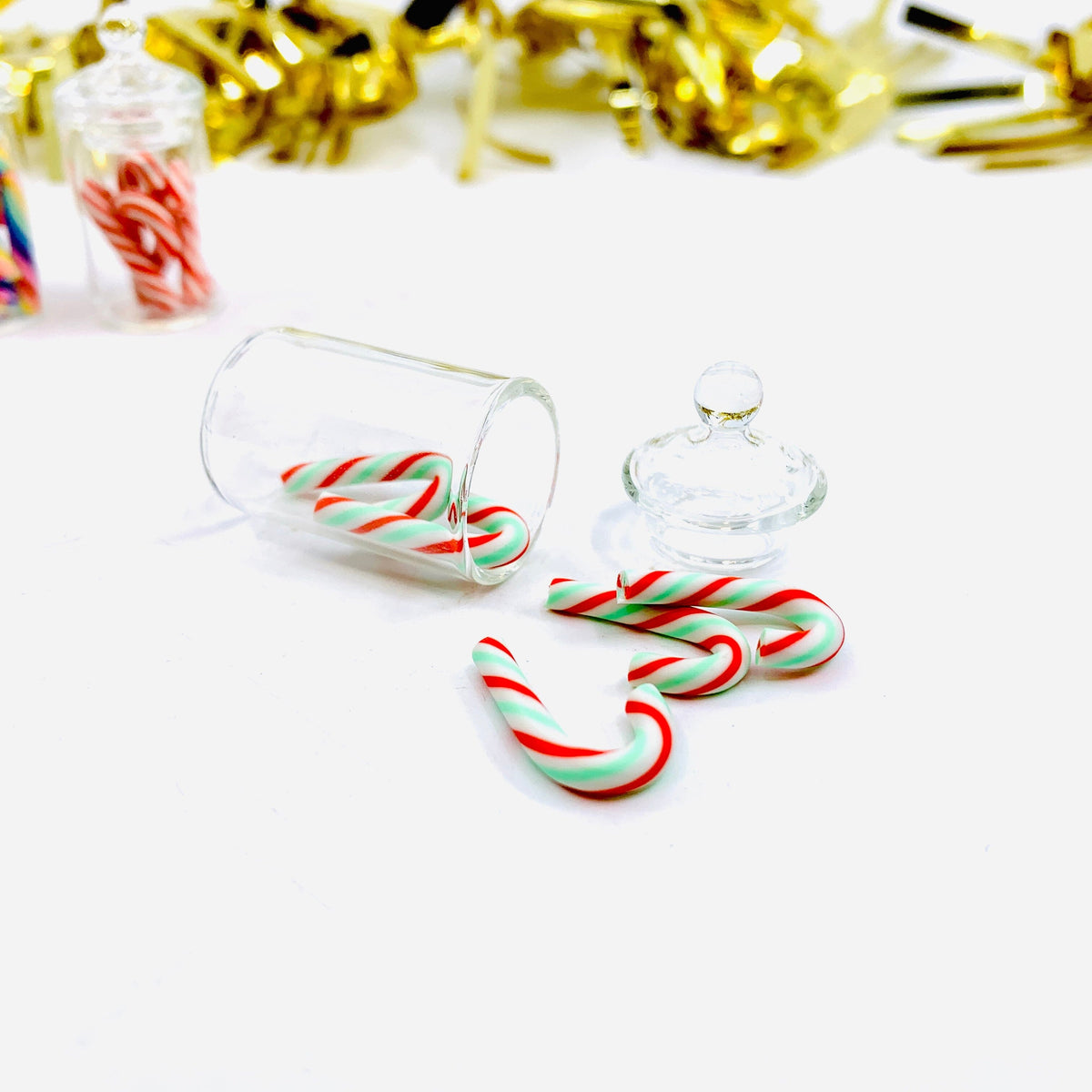 Tiniest Glass Jar of Mint and Red Candy Canes Miniature - 