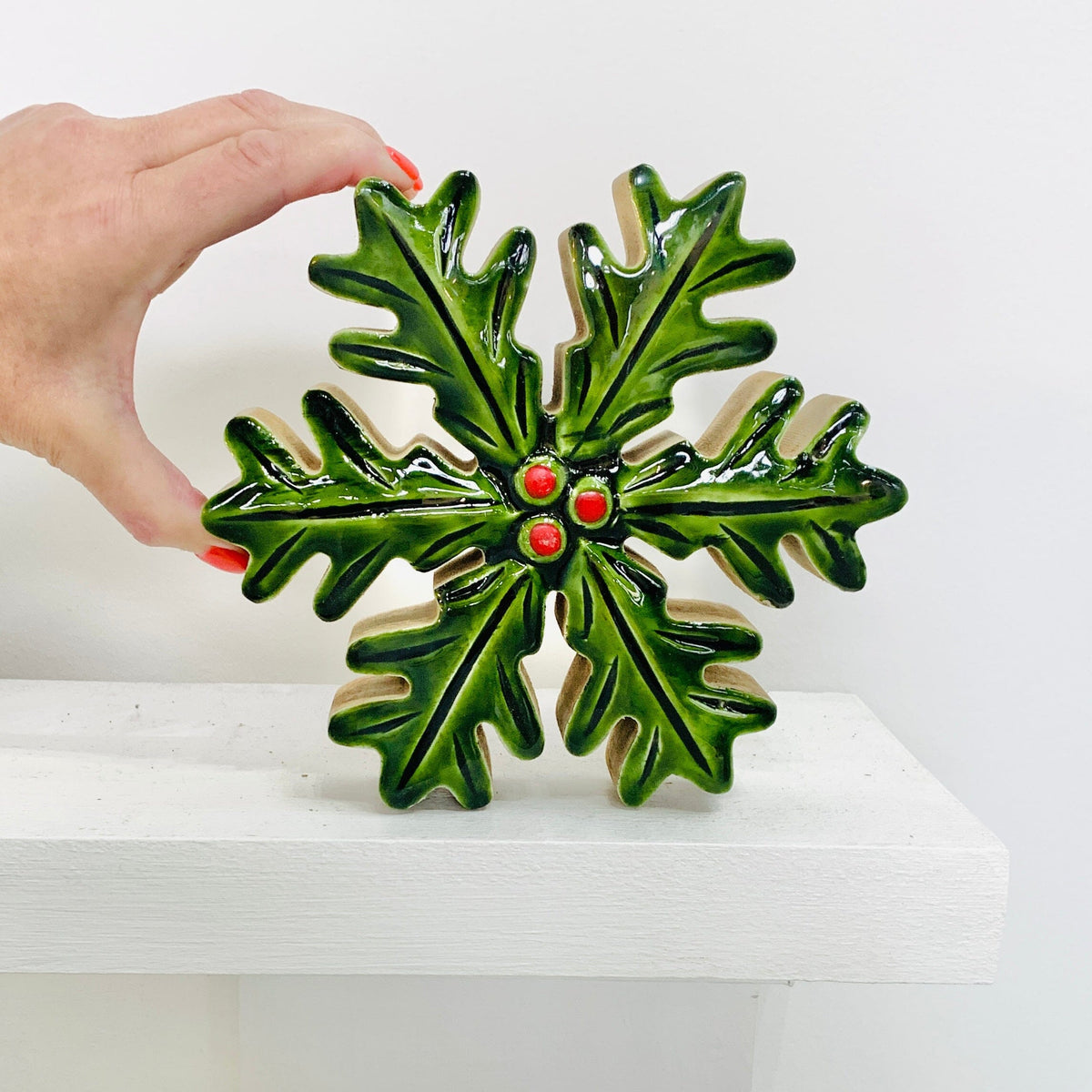 Enamel Holly Wooden Snowflake Décor, Small Oak Street 