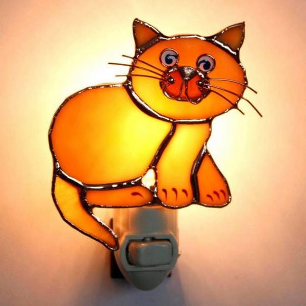 Stained Glass Tan Cat Nightlight Decor Gift Essentials 