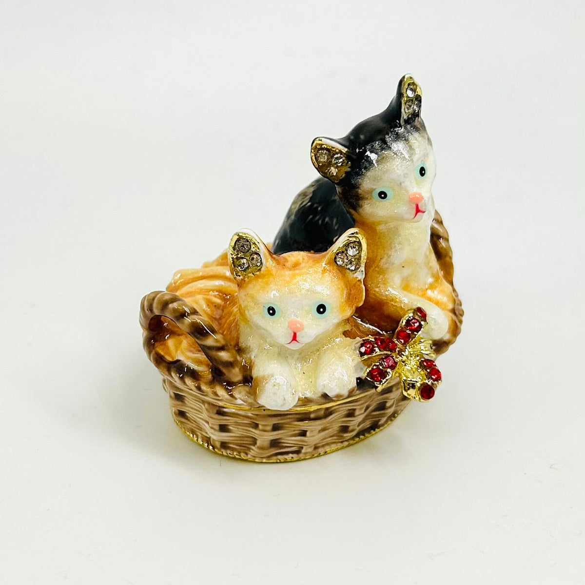 Bejeweled Enamel Trinket Box 34, Kittens in Basket Decor Kubla Craft 