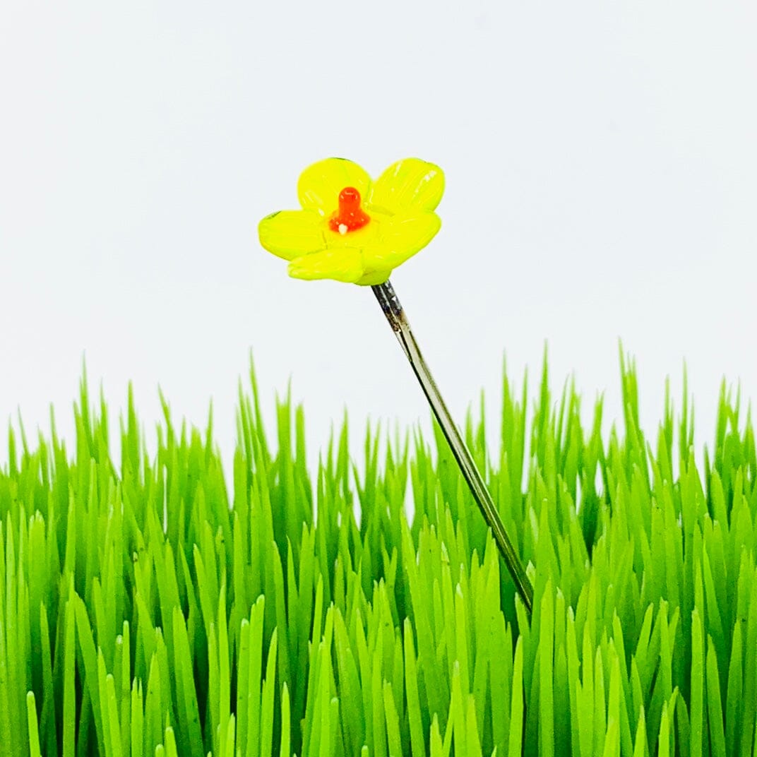 Tiny Glass Animal Garden Stake 2, Yellow Flower Decor - 