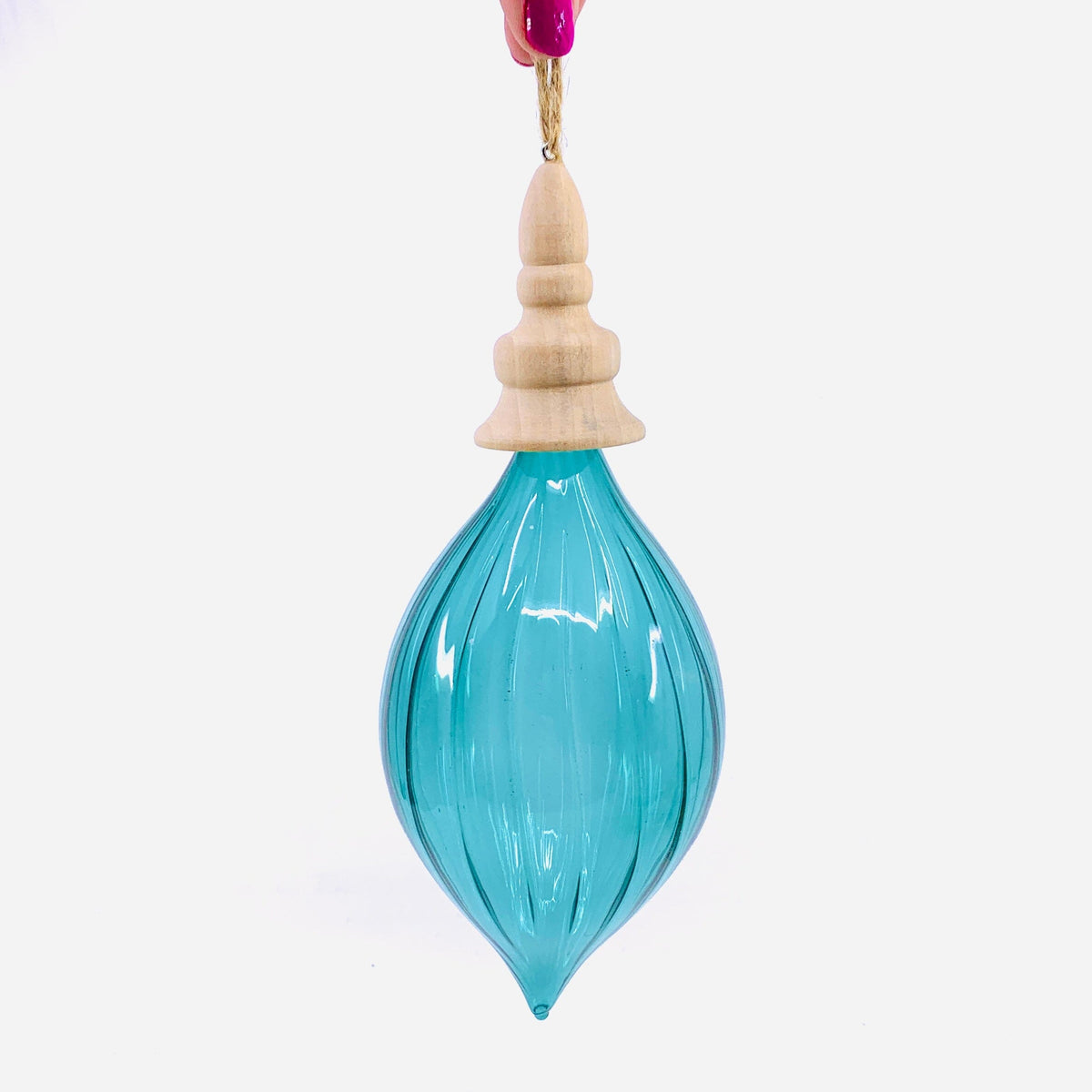 Wooden Spindle Glass Finial Ornament 23, Teal GANZ 