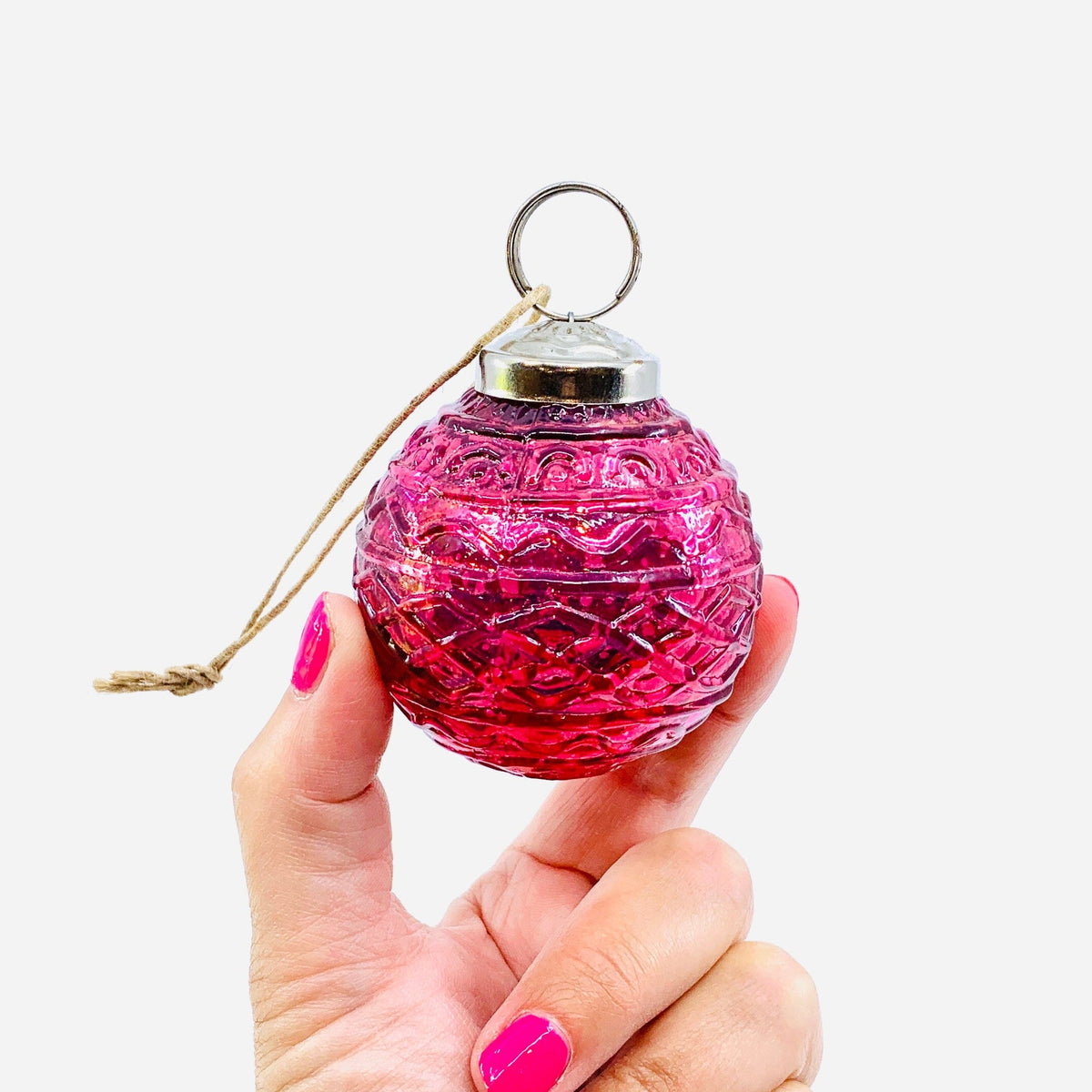 Mercury Glass Embossed Ornament, Pink India House Brass 