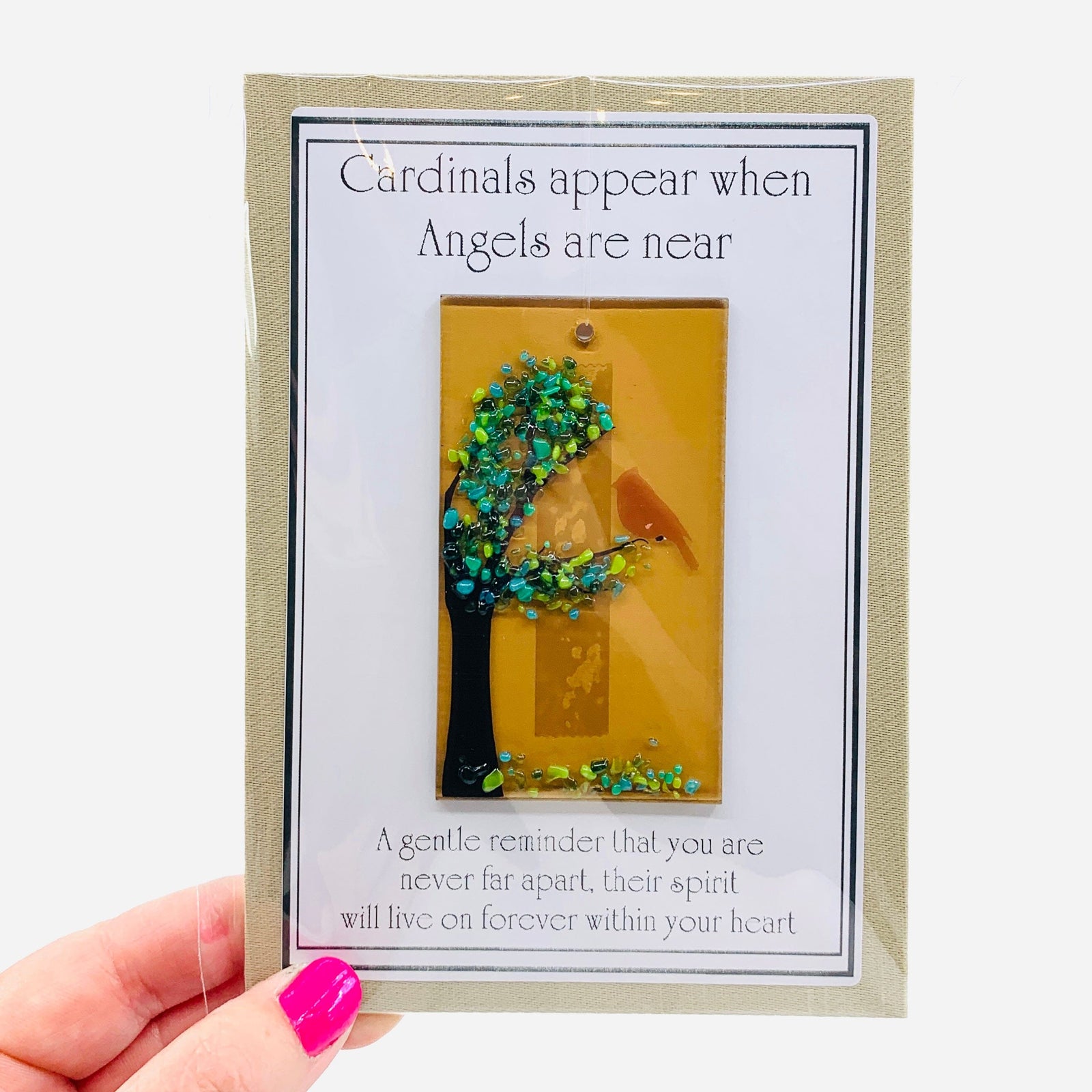 Fused Glass "Cardinals appear when Angels are near" Suncatcher 31 Decor Glimmer Glass Gifts 