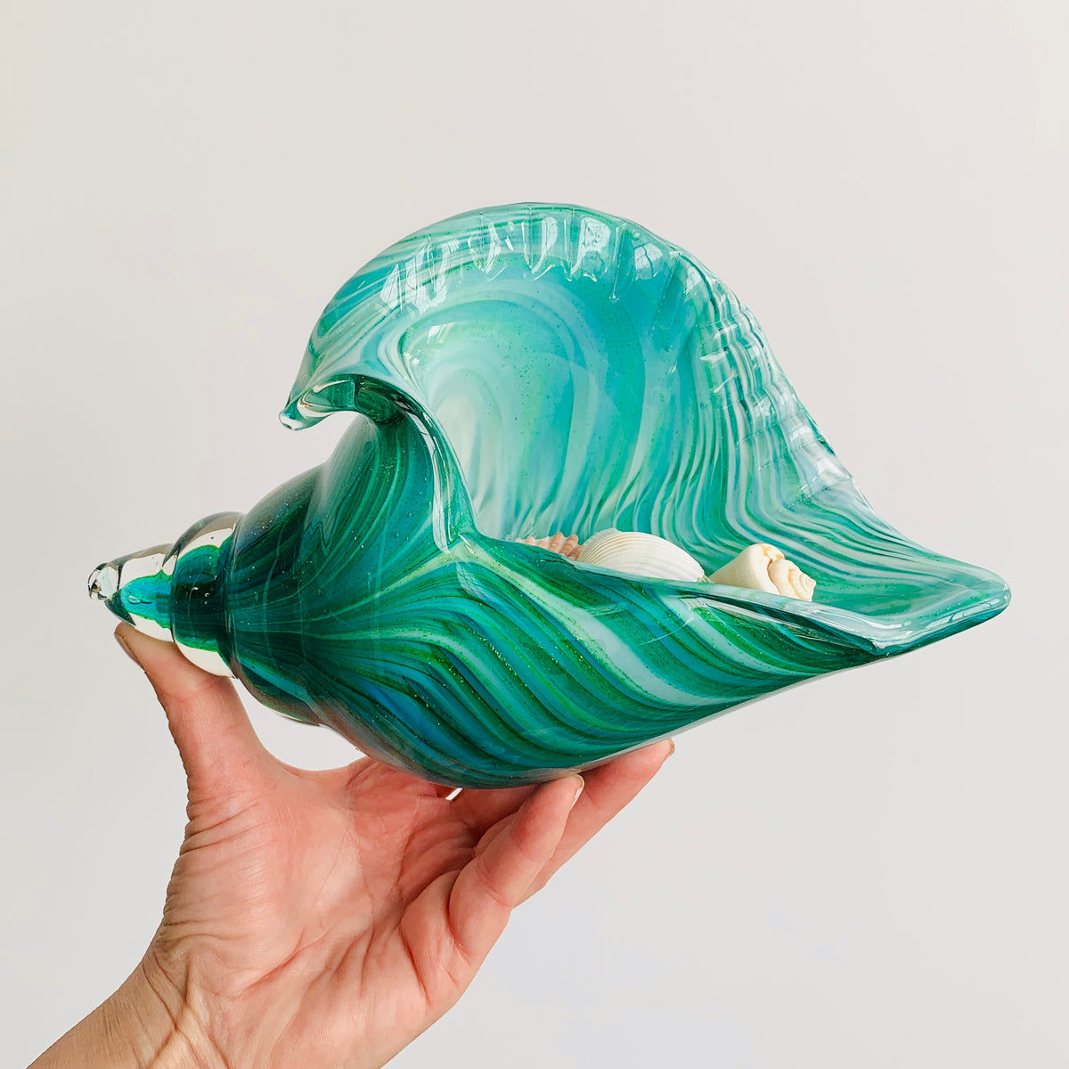 Teal Stripe Glass Conch Shell
