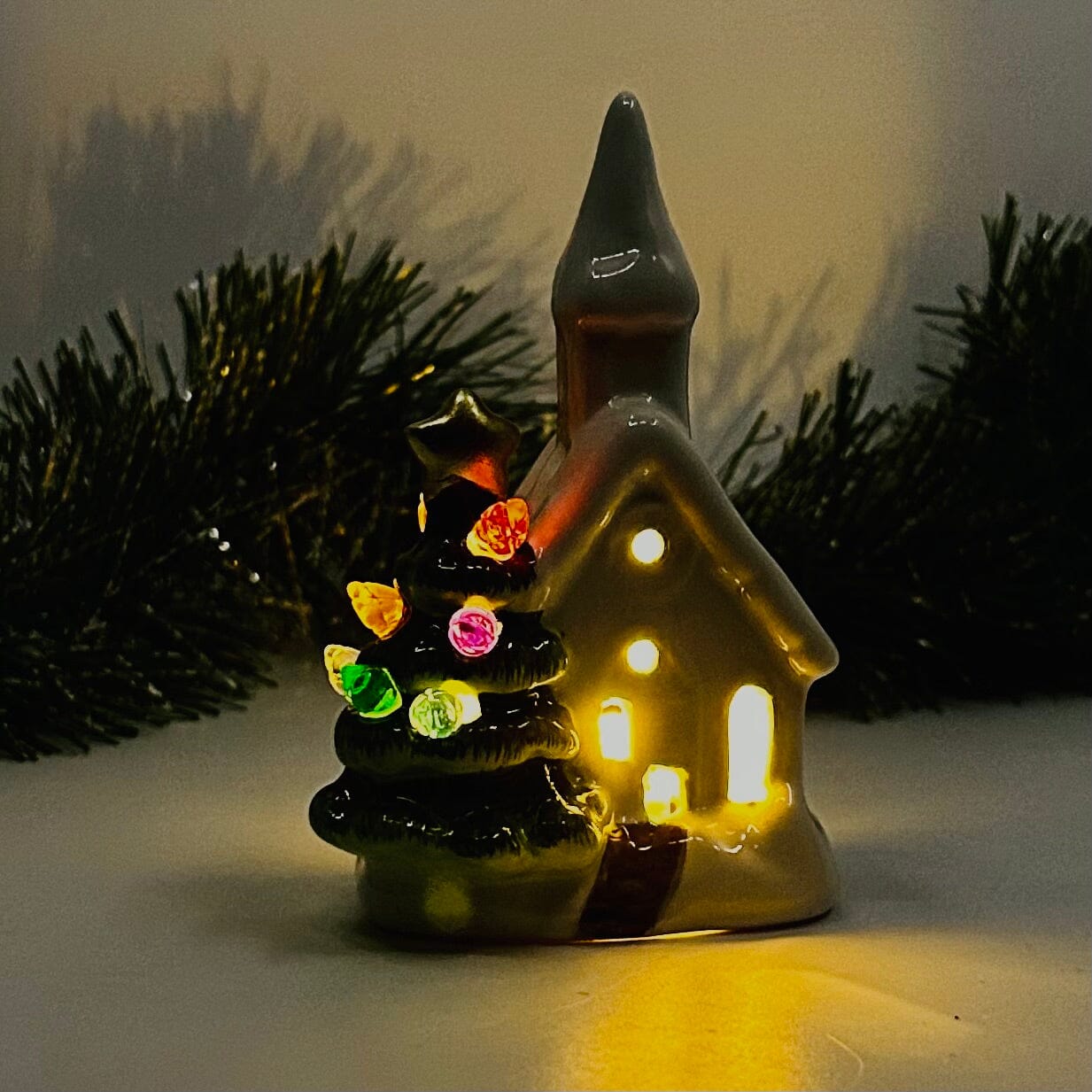 Ceramic Light-Up Holiday Tree and Church GANZ 