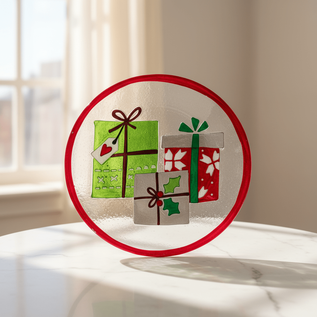 Glass Fusion Plate, Christmas Presents 44 Decor Demdaco 