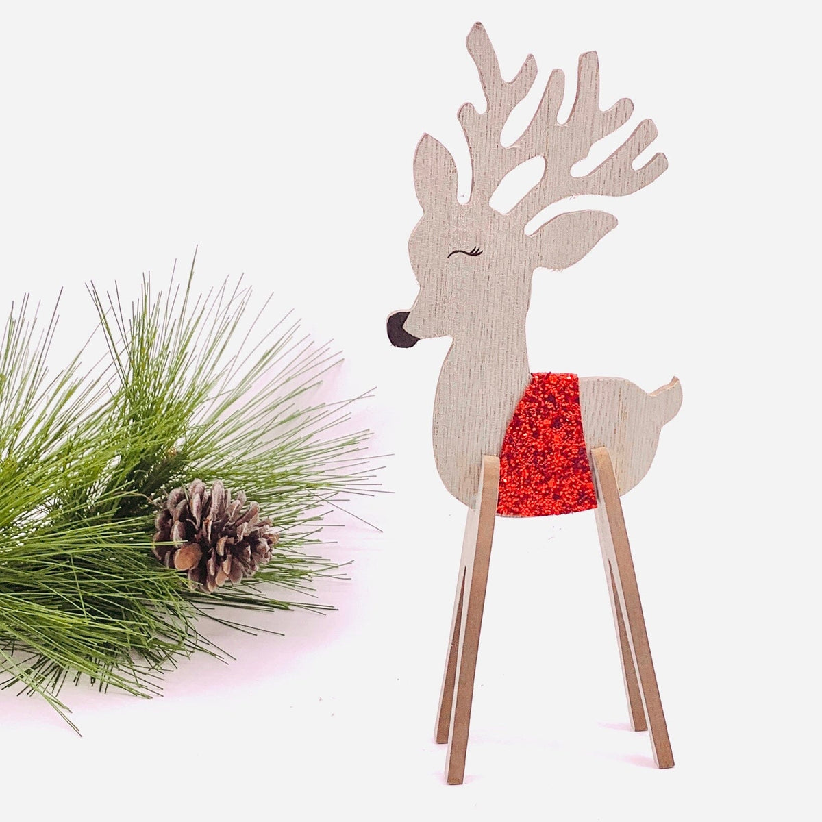Wooden Tinsel Wrapped Reindeer GANZ Red Sparkle 