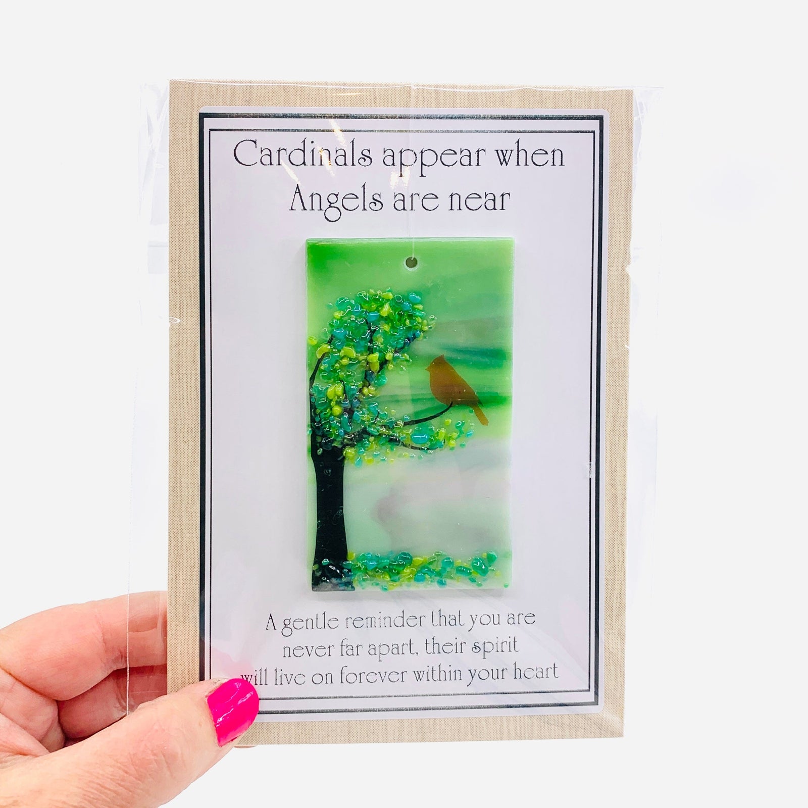 Fused Glass "Cardinals appear when Angels are near" Suncatcher 11 Decor Glimmer Glass Gifts 