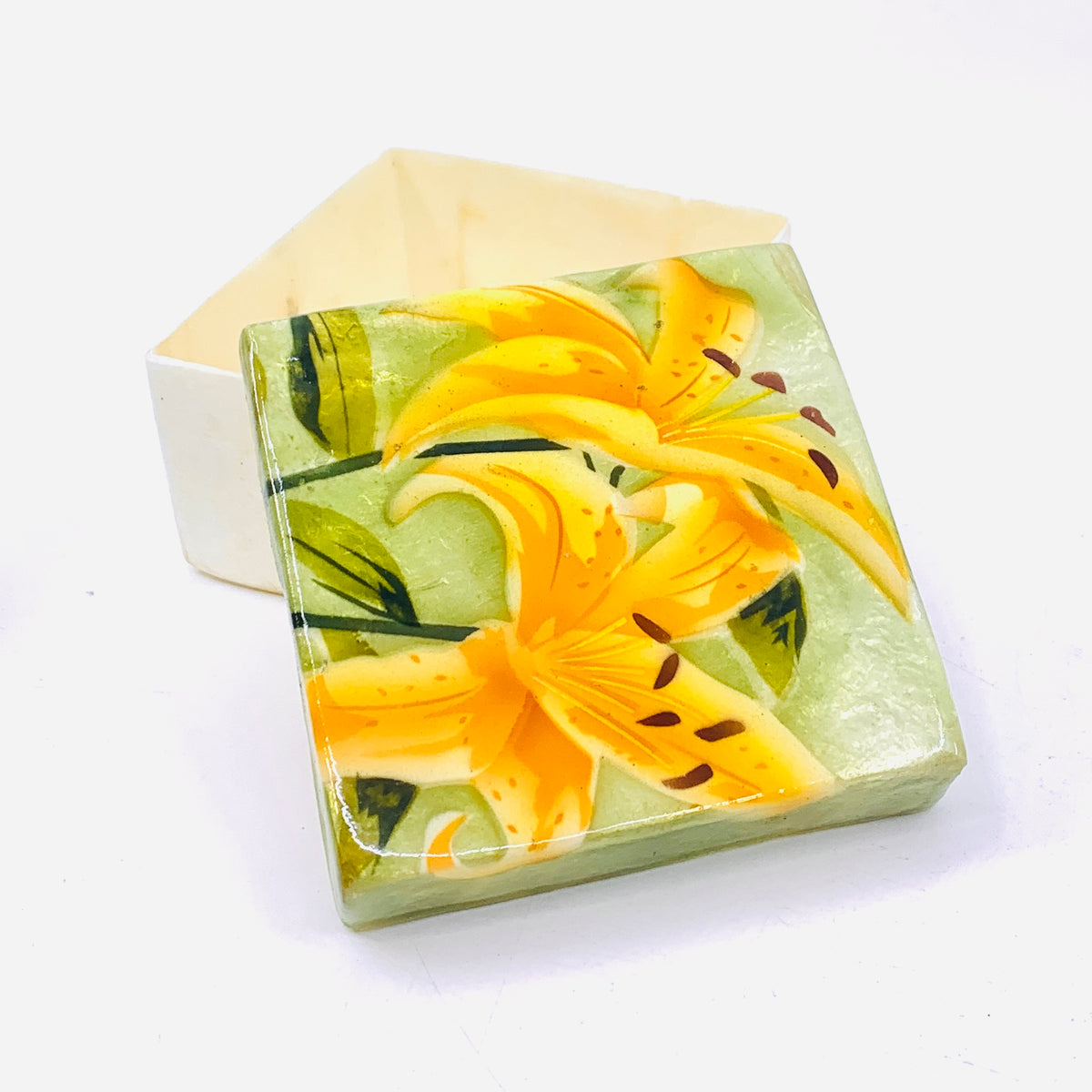 Capiz Shell Trinket Box 13, Yellow Lily