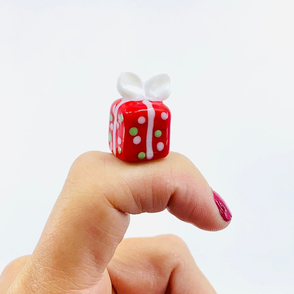 Tiny Christmas Figurine - Holiday Presents Miniature Alex Tiny Red Polka Dot with White Bow 