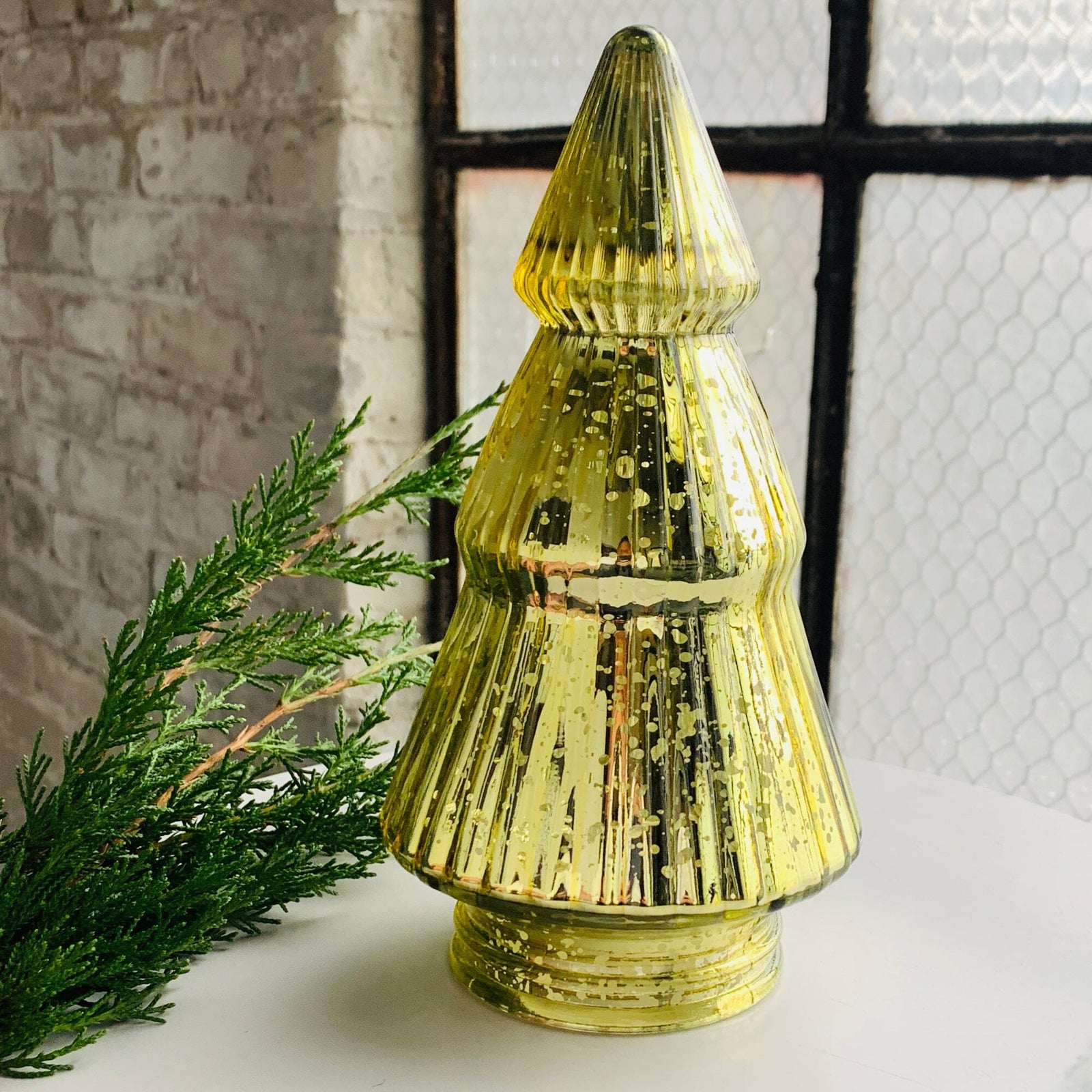 Mercury Glass Ribbed Tree 3, Gold Diamond Star 