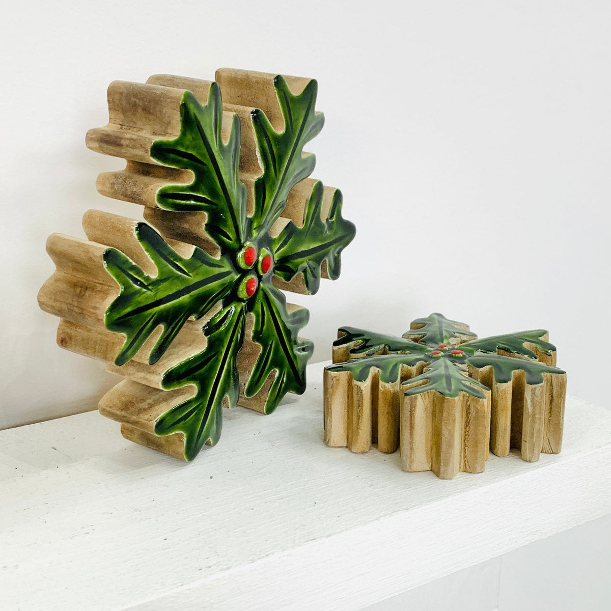 Enamel Holly Wooden Snowflake Décor, Large Oak Street 