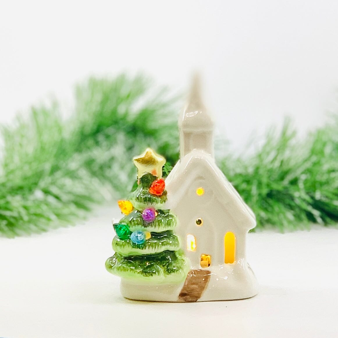 Ceramic Light-Up Holiday Tree and Church GANZ 