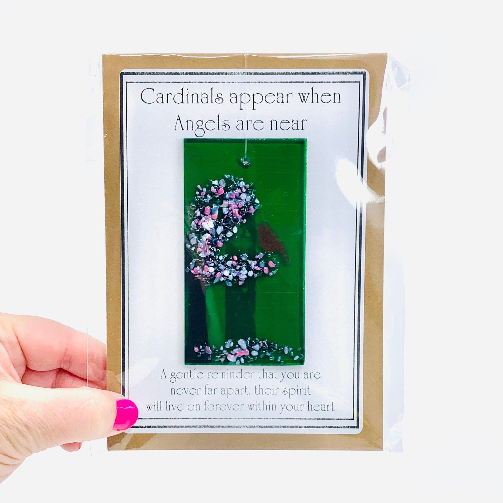 Fused Glass "Cardinals appear when Angels are near" Suncatcher 39 Decor Glimmer Glass Gifts 